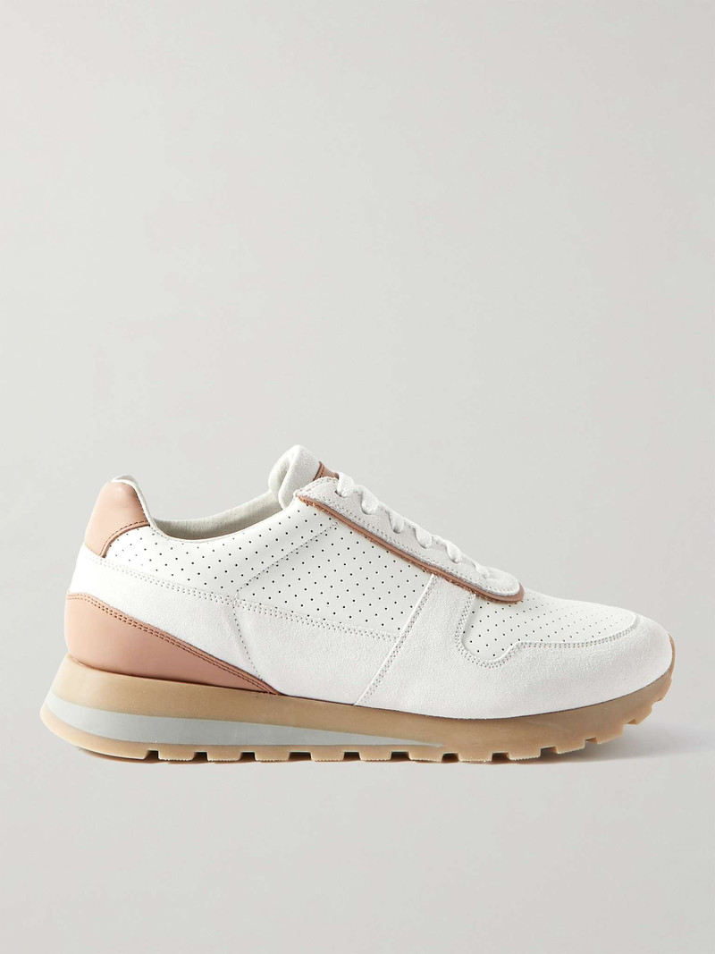 Perforated Leather and Suede Sneakers 1