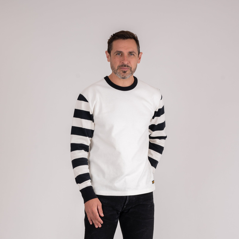 Iron Heart IHTB-12-WHT 11oz Cotton Knit Long-Sleeved Sweater - White Body with Stripes outlook
