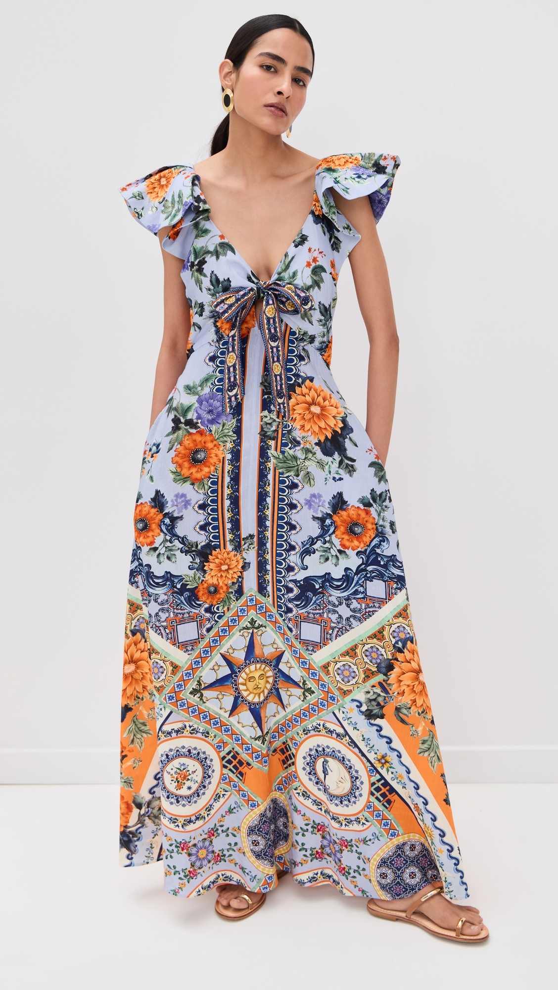 Tie Front Frill Sleeve Long Dress - 6