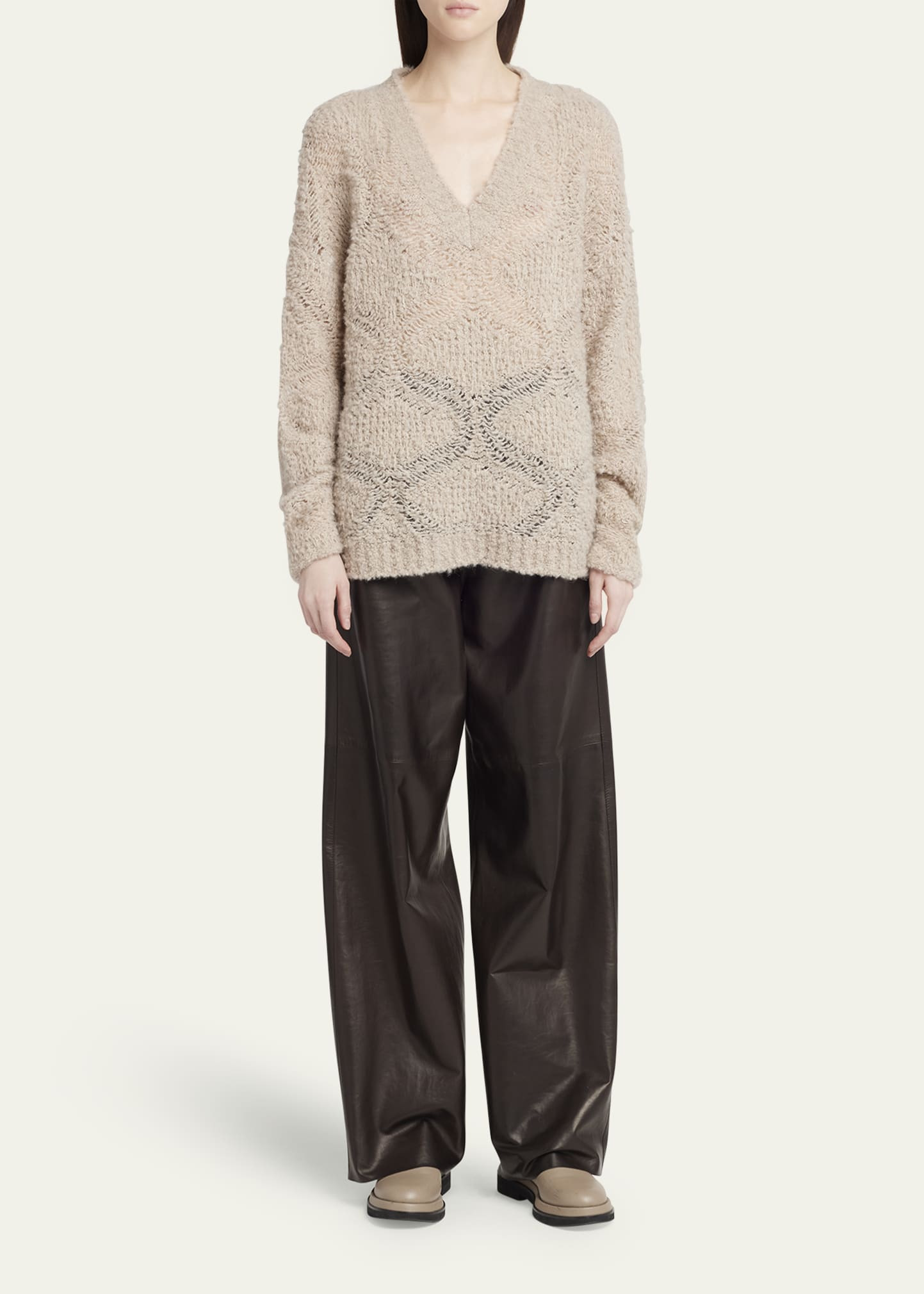 V-Neck Wool Cashmere Open-Knit Sweater - 2