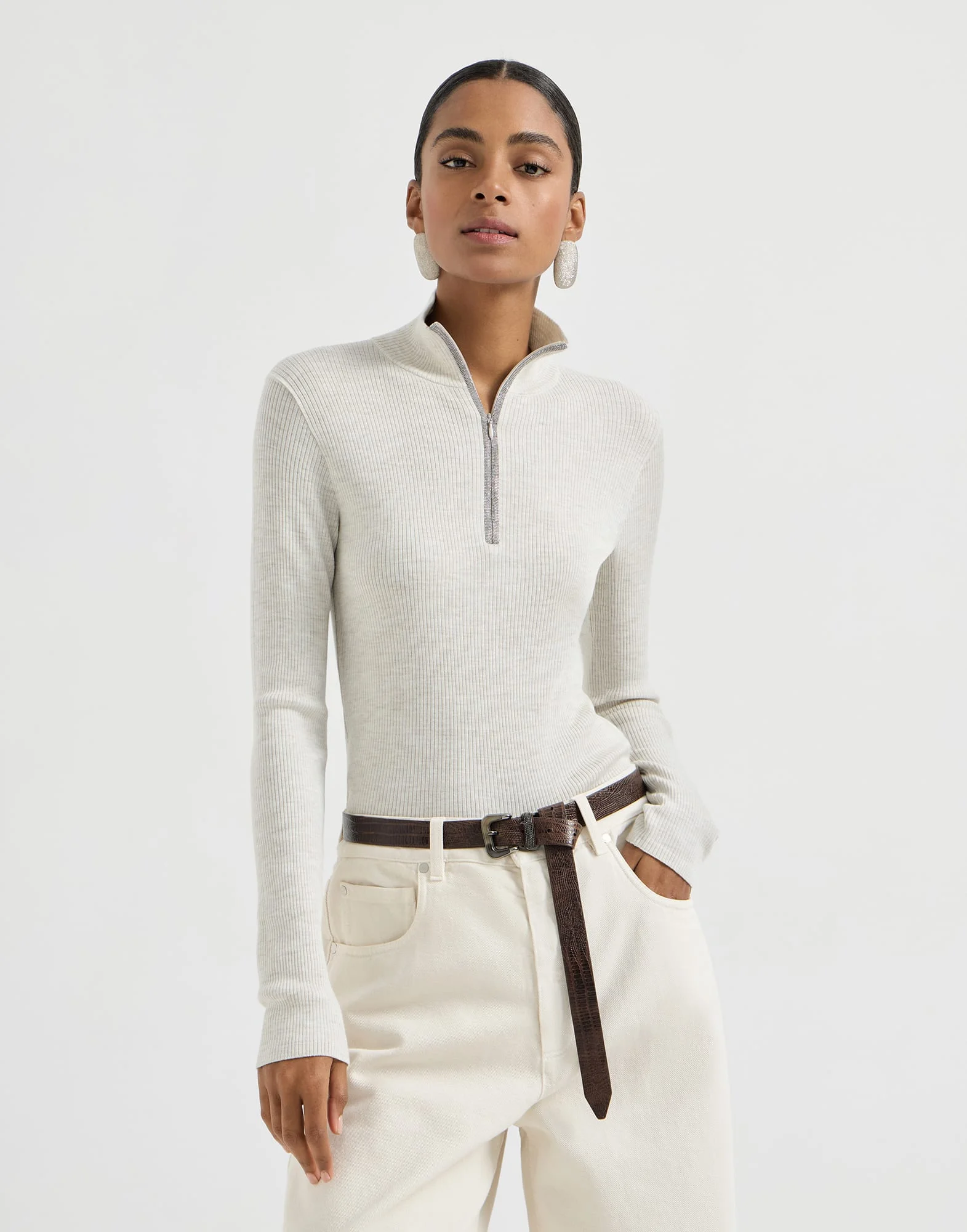 Virgin wool and cashmere rib lightweight turtleneck sweater with precious half zip - 1