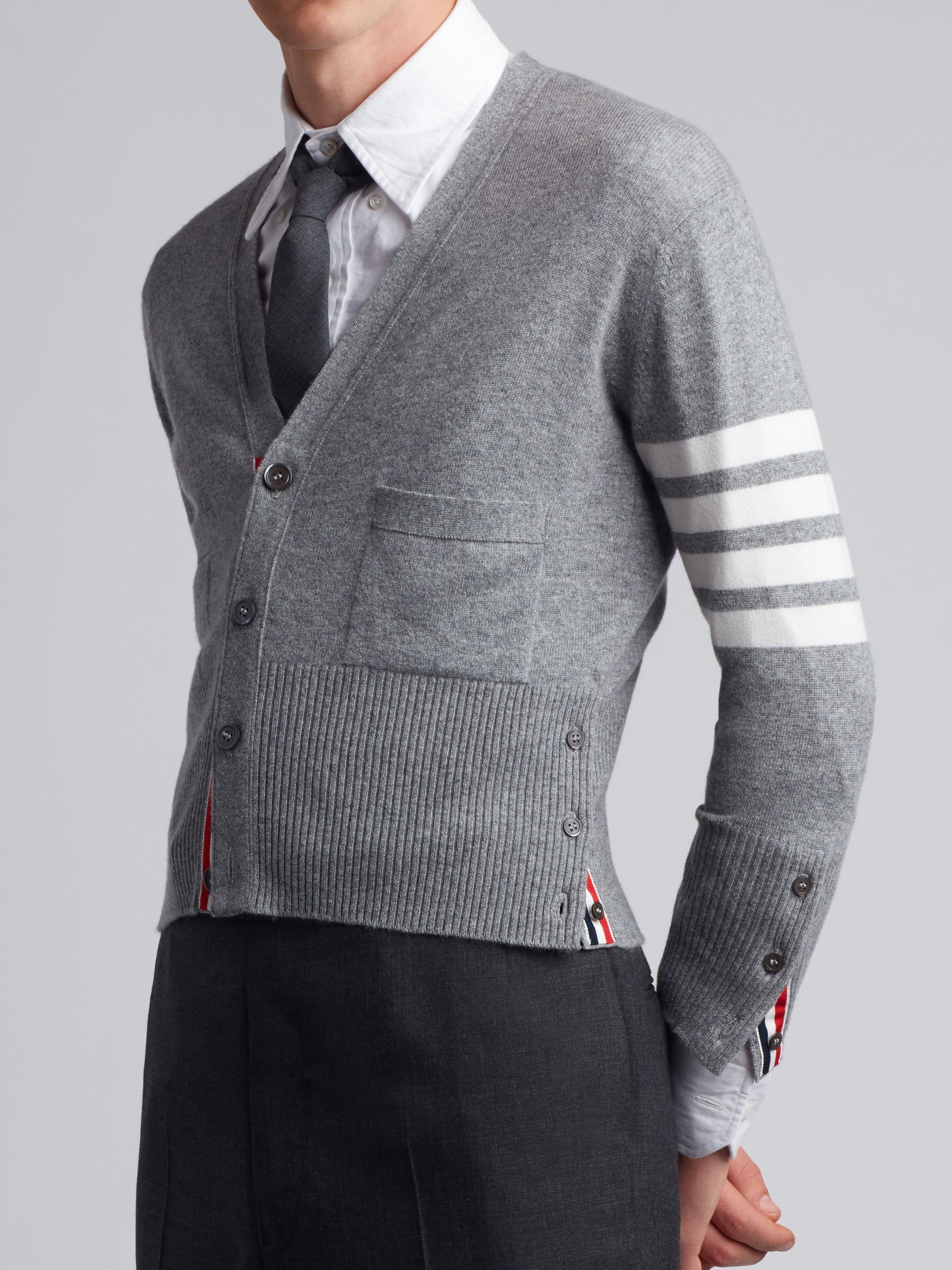 Light Grey Cashmere 4-bar Short V-neck Cardigan - 3