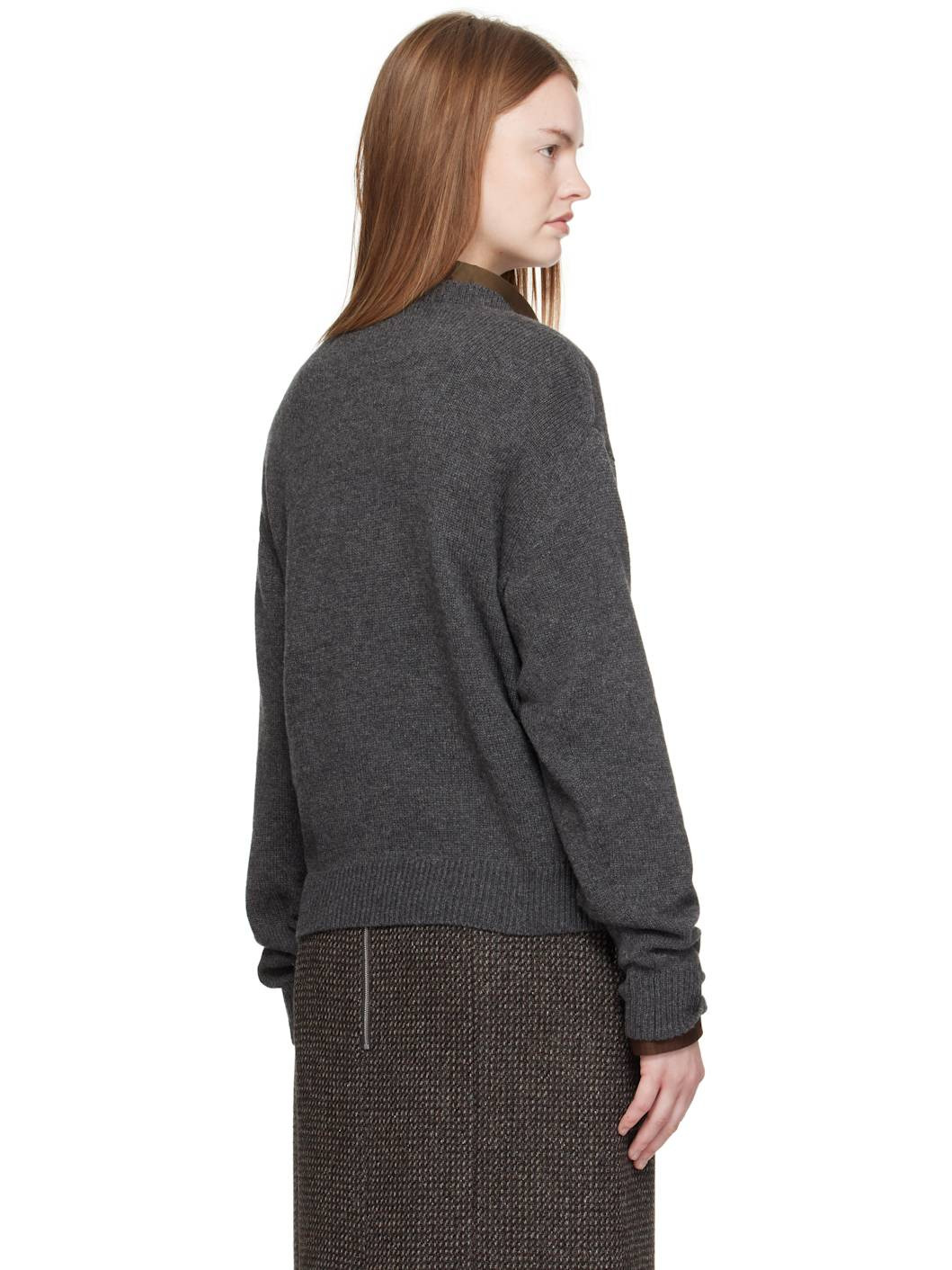 Gray Light Cashmere Knit V-Neck Sweater - 3
