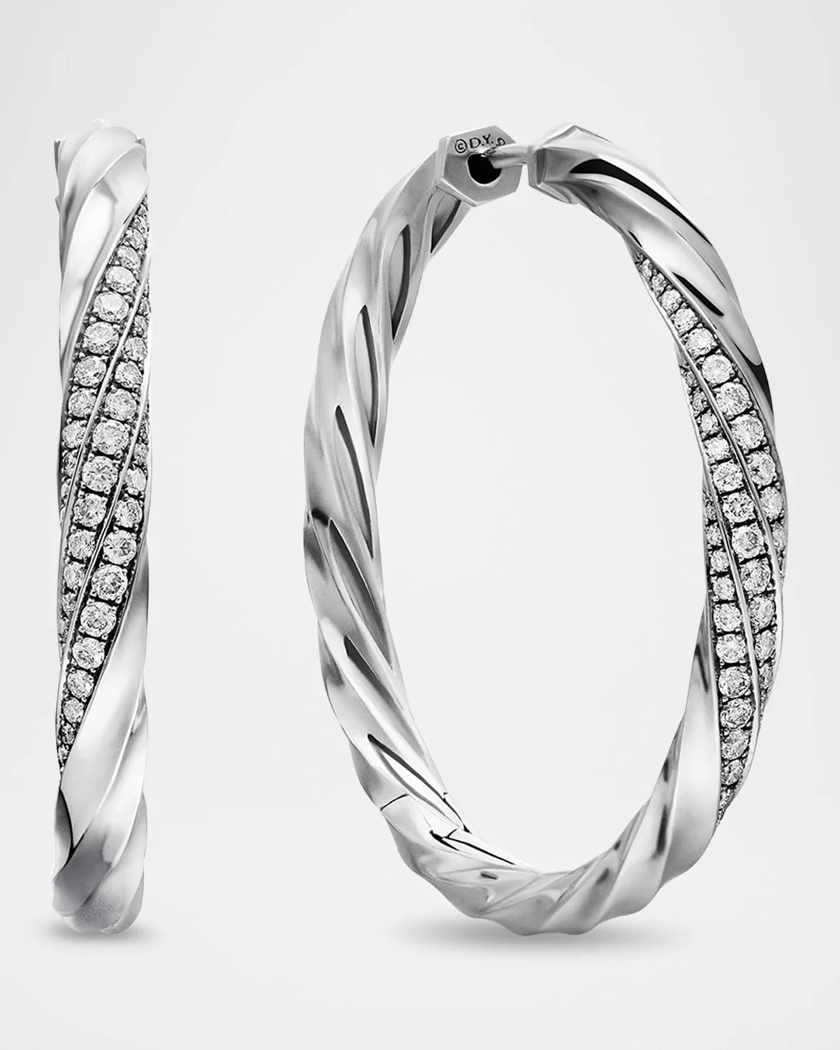Cable Edge Hoop Earrings with Diamonds in Silver, 4mm, 1.5"L - 1