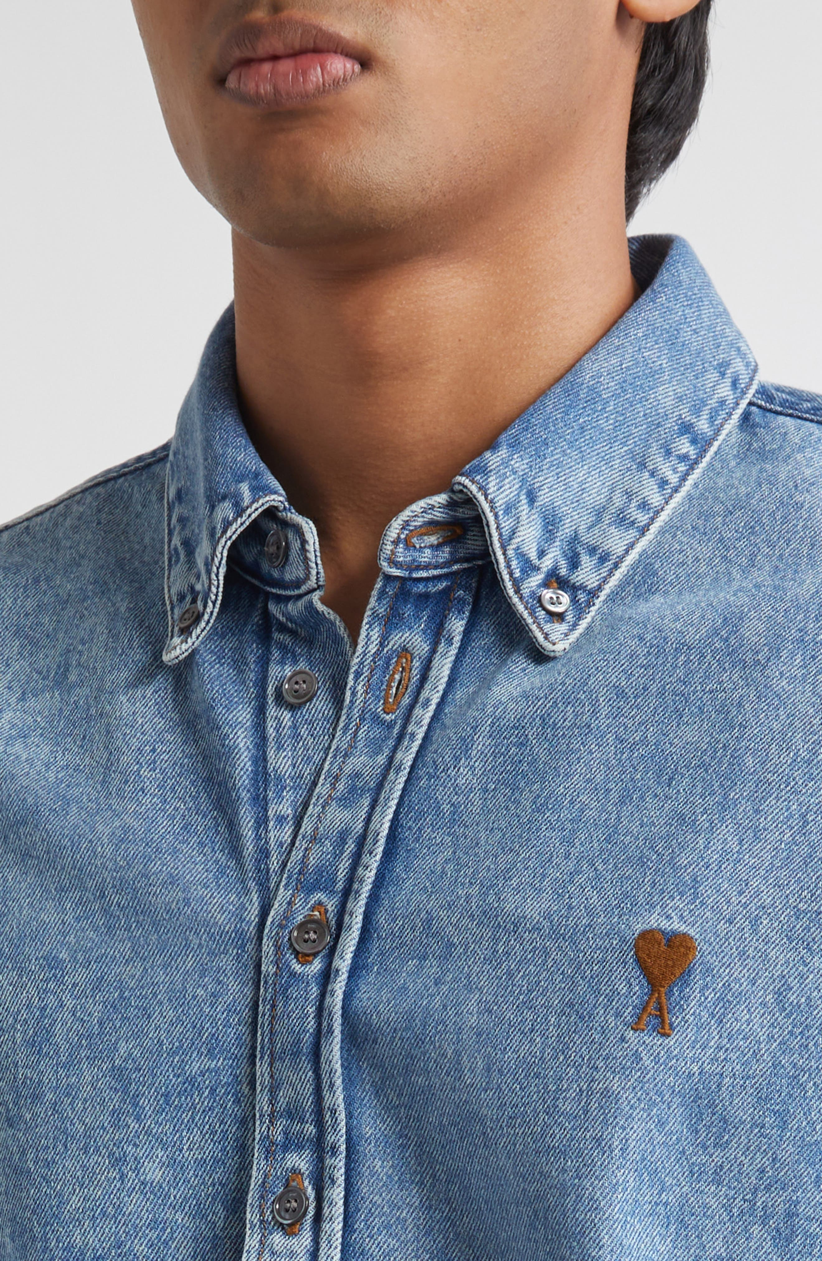 AMI PARIS Ami De Coeur Embroidered Cotton Denim Button-Down Shirt in Bleu Used at Nordstrom - 4