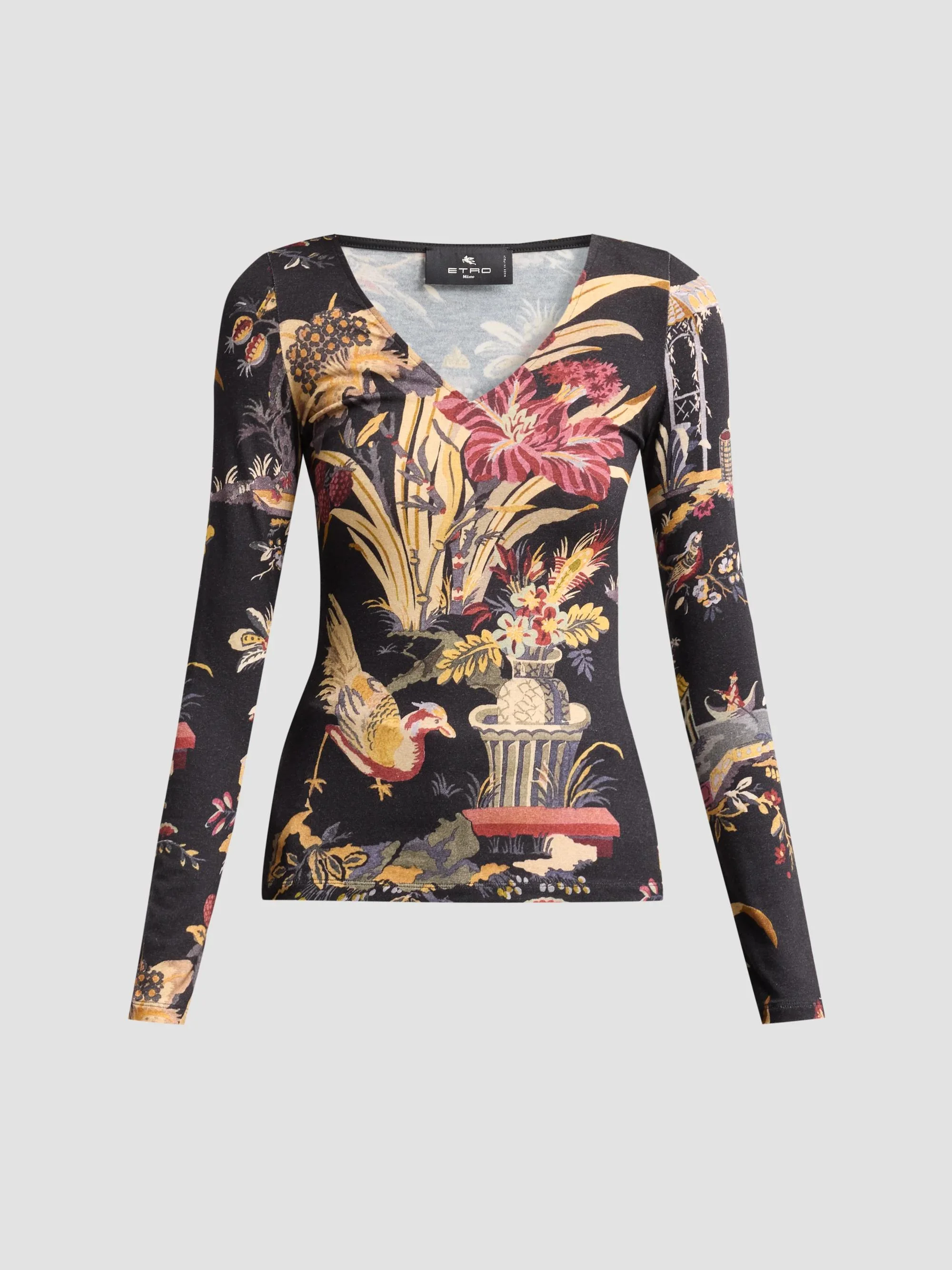 Women's Printed V-Neck Long-Sleeve Top - Printed Black - 1