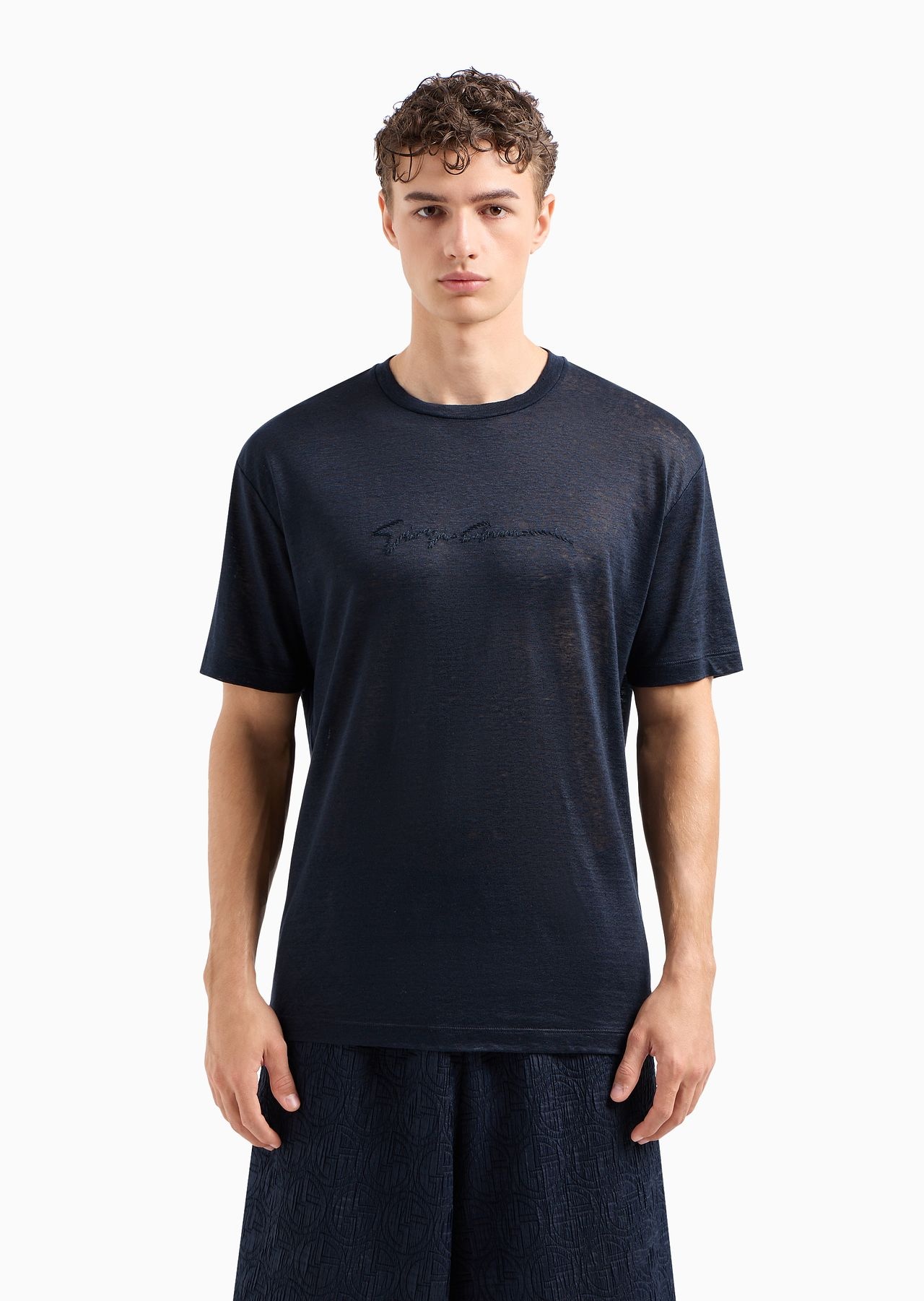 Linen jersey crew-neck T-shirt with signature logo - 2