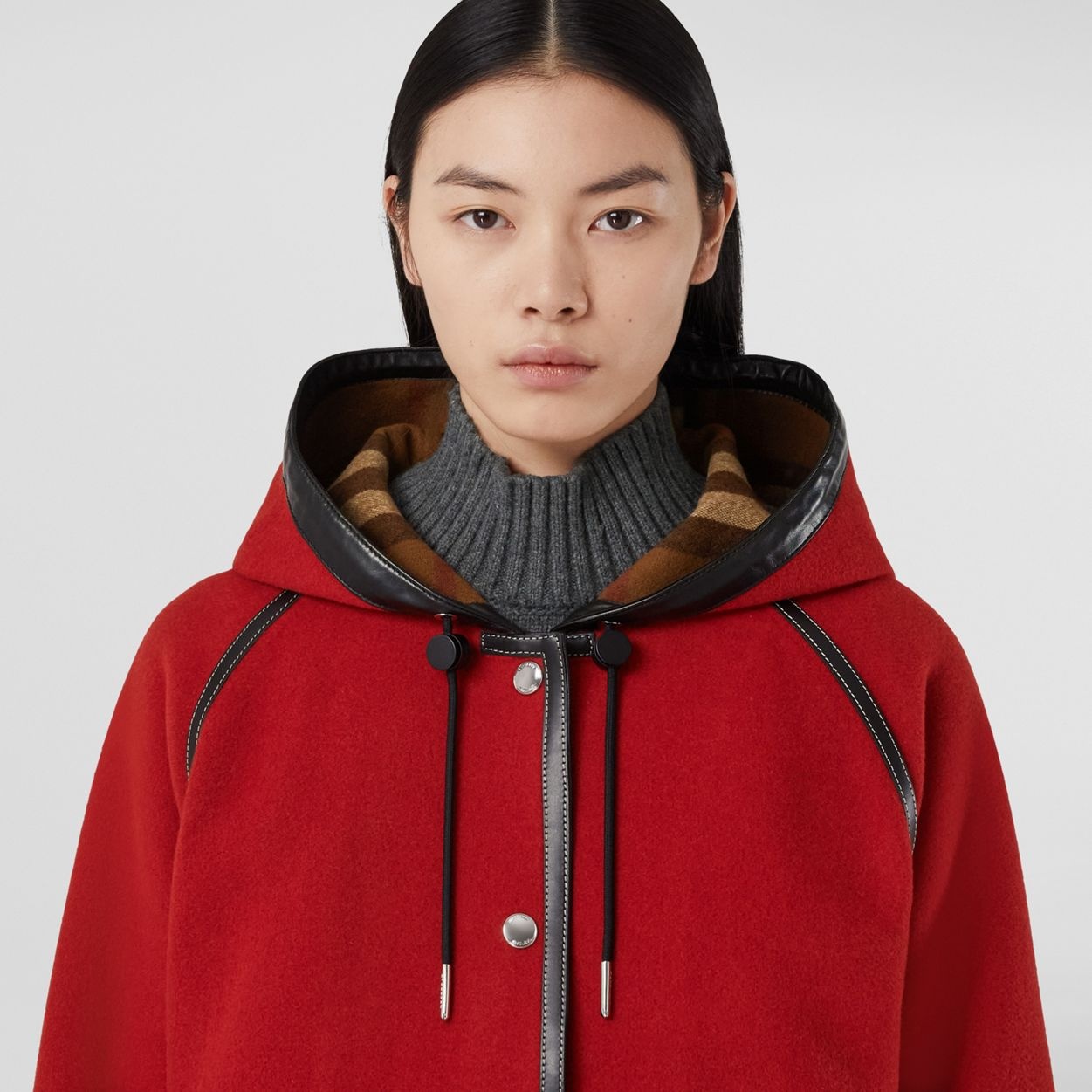 Leather Trim Wool Hooded Parka - 3