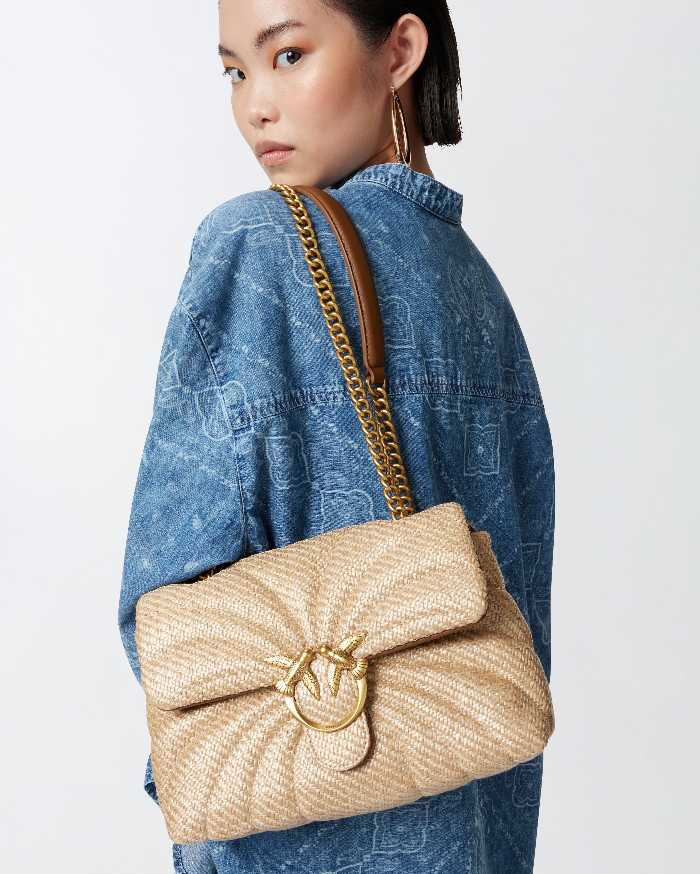 LOVE BAG PUFF QUILTED RAFFIA SHOULDER BAG WITH BUTTERFLY - 5