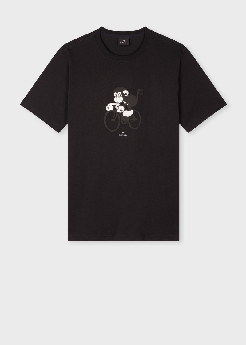 Black Cotton 'Cycling Monkey' Print T-Shirt 1