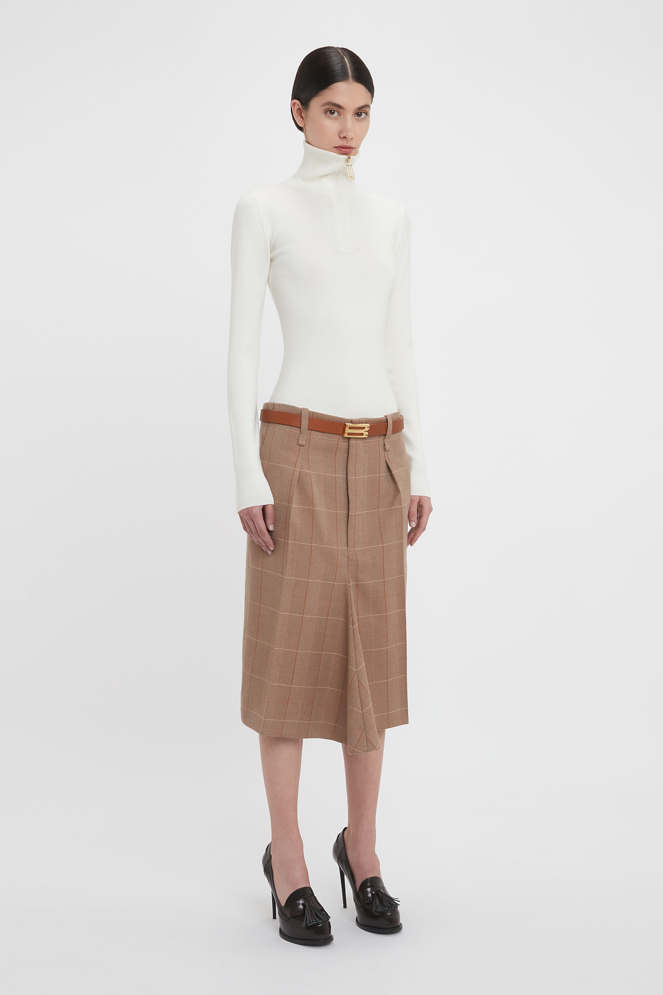 Exclusive Asymmetric Tailored Skirt In Camel-Multi Check - 3
