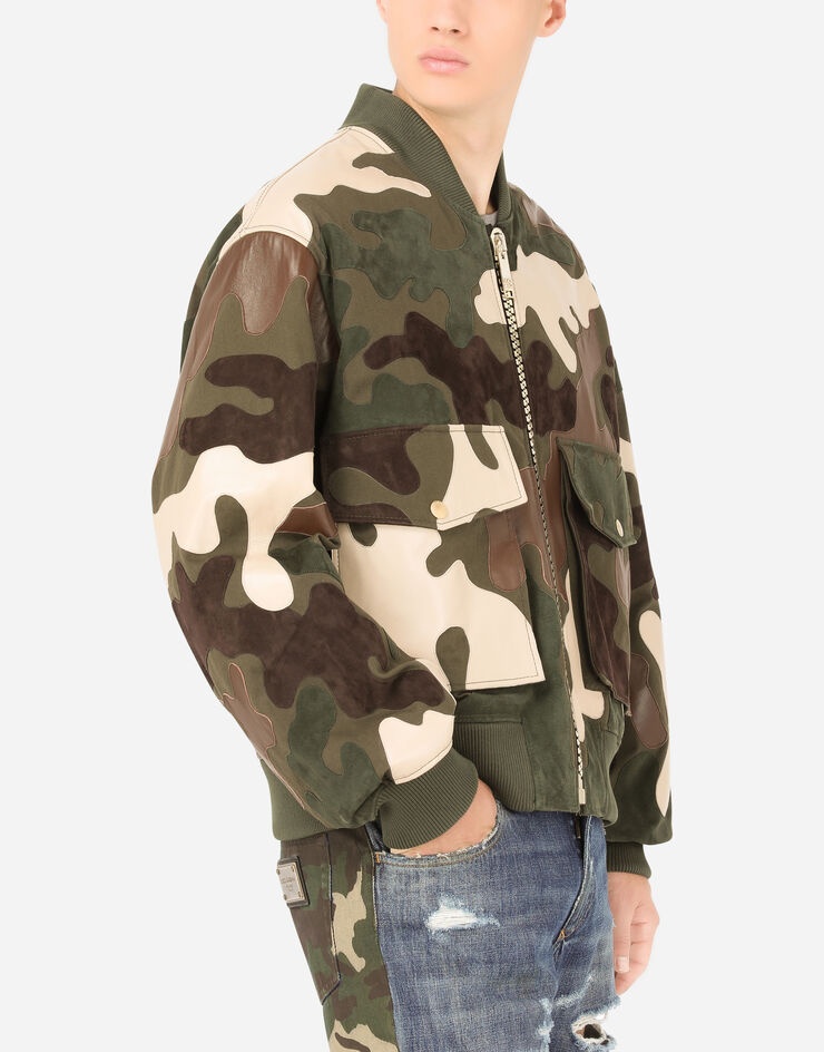 Leather and cotton jacket with camouflage intarsia - 4