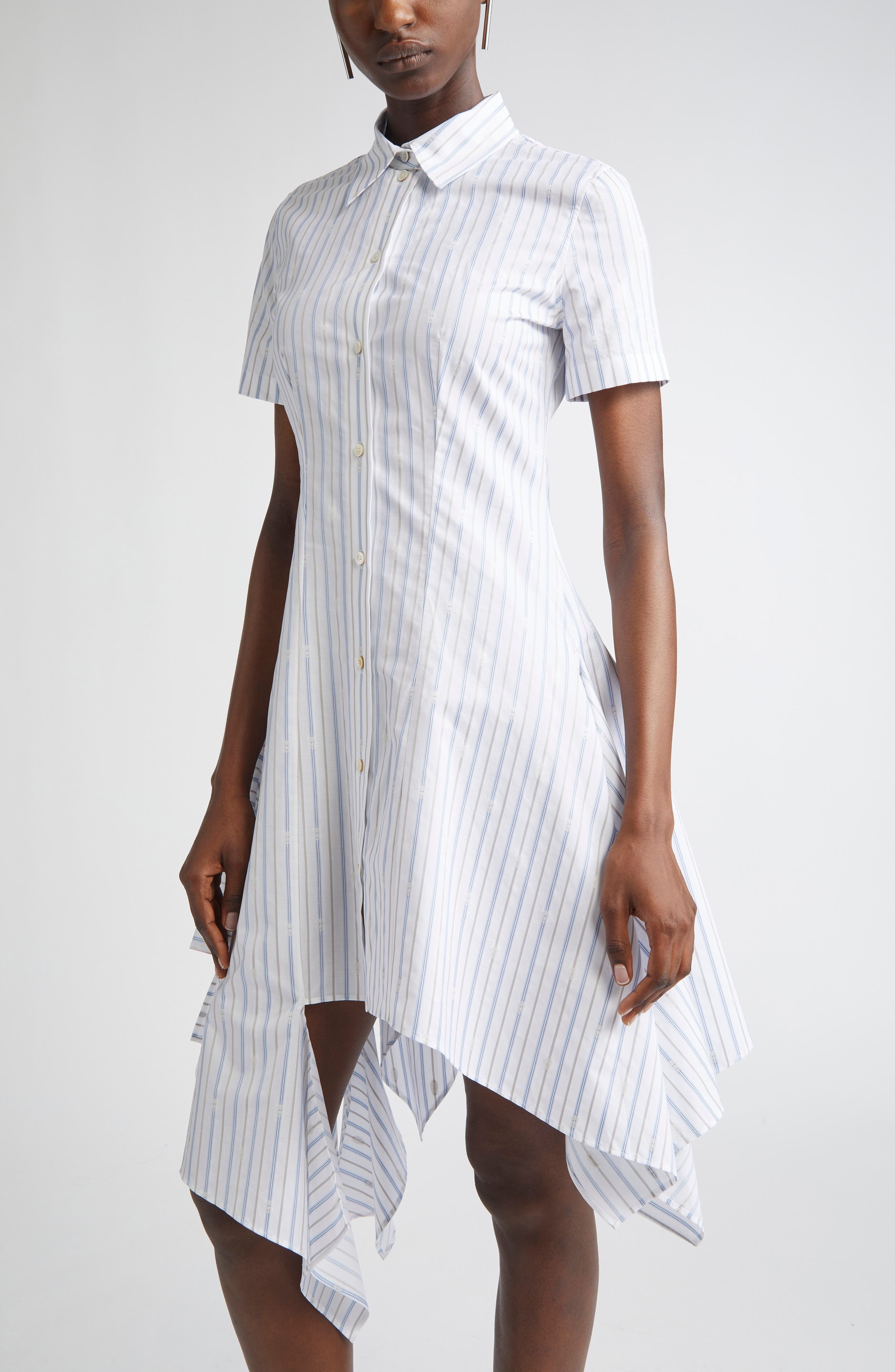 McQueen Day Stripe Skull Asymmetric Handkerchief Hem Cotton Shirtdress in White-Blue-Grey at Nordstr - 4