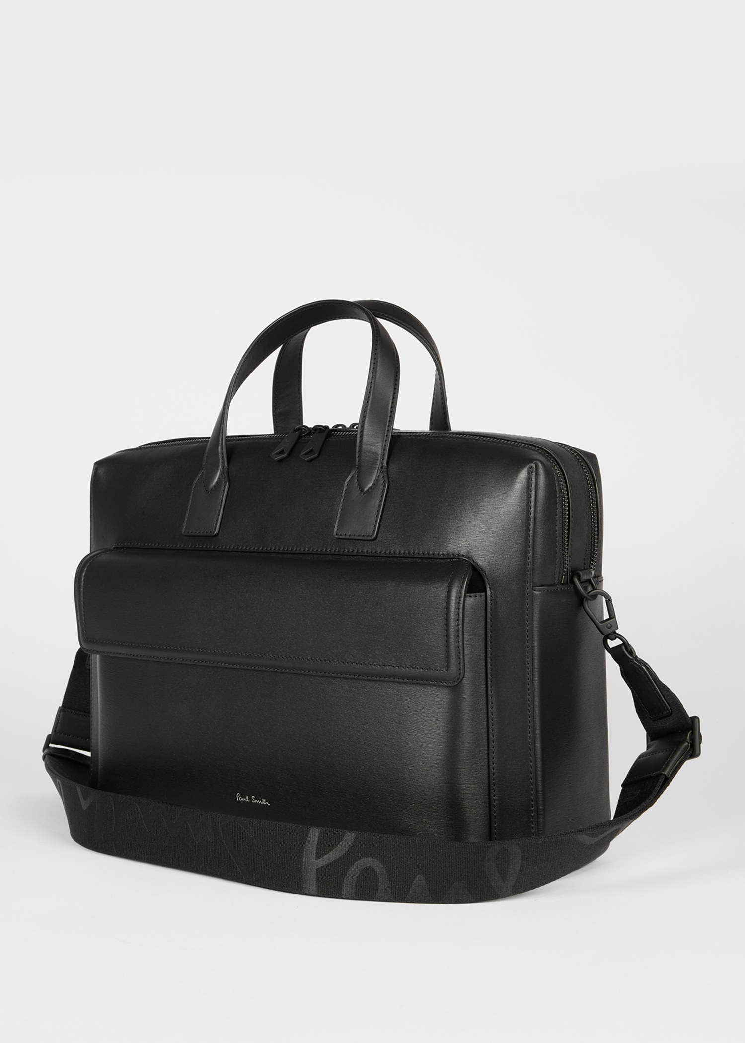 Black Straw-Grain Embossed Leather Double Zip Folio - 3