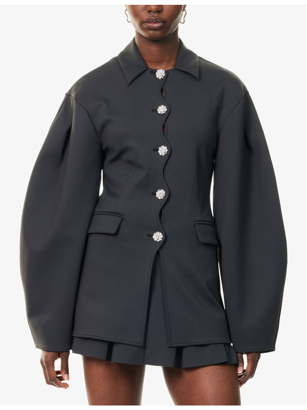 Faux-Crystal Buttons Puff-Sleeve Scuba Blazer - 3