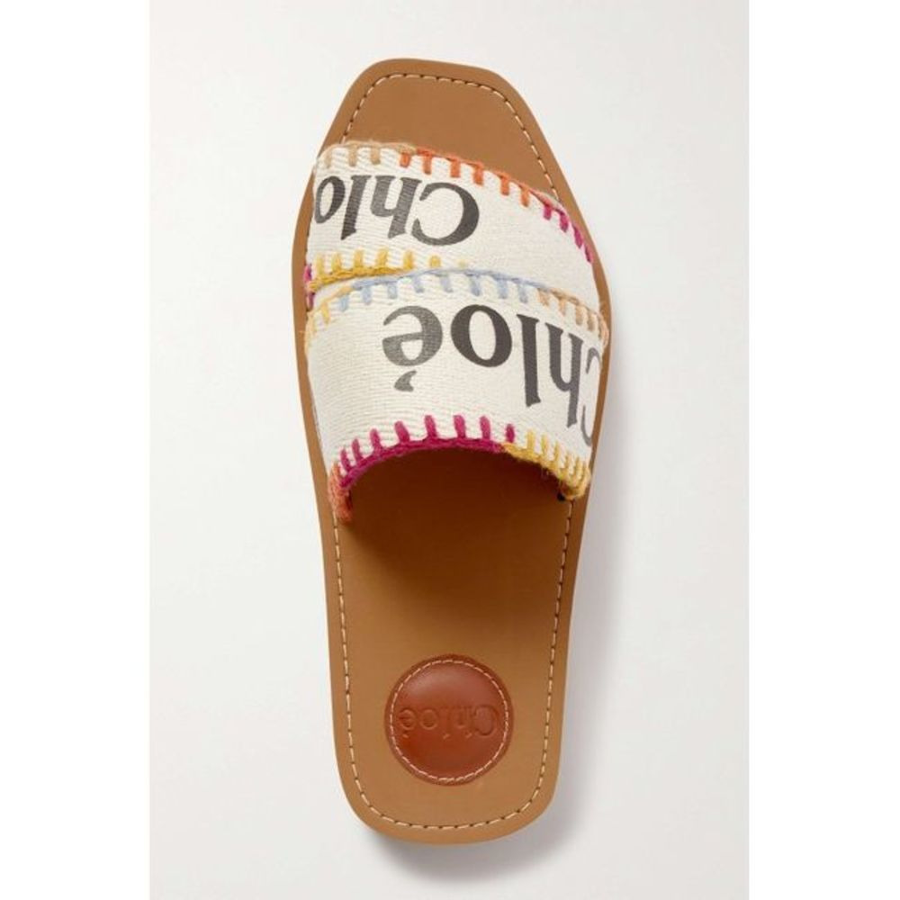 Chloe Women White Woody Embroidered Logo-Print Canvas Slides Sandals - 2