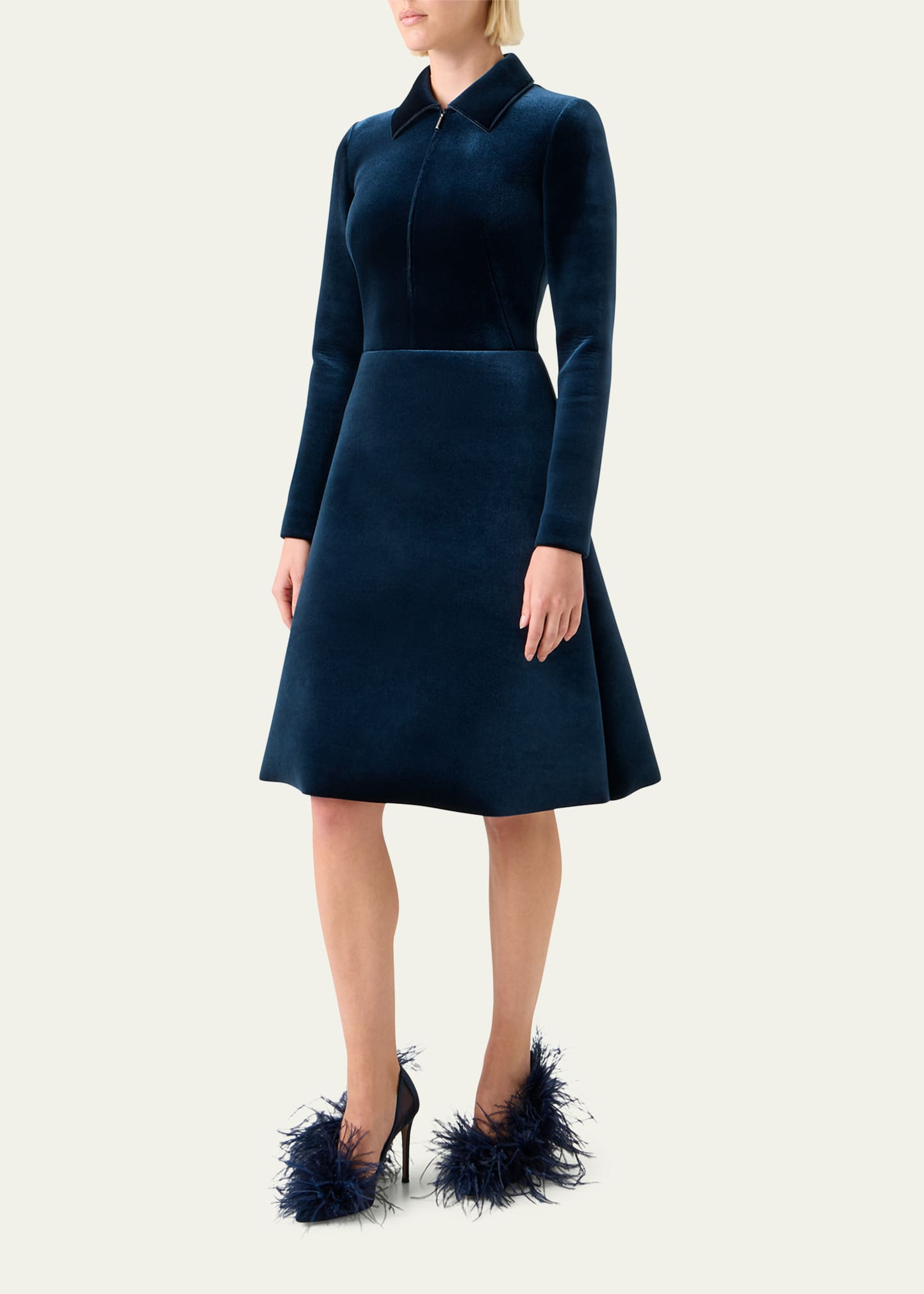 Long-Sleeve Neoprene Velvet A-Line Shirtdress - 4