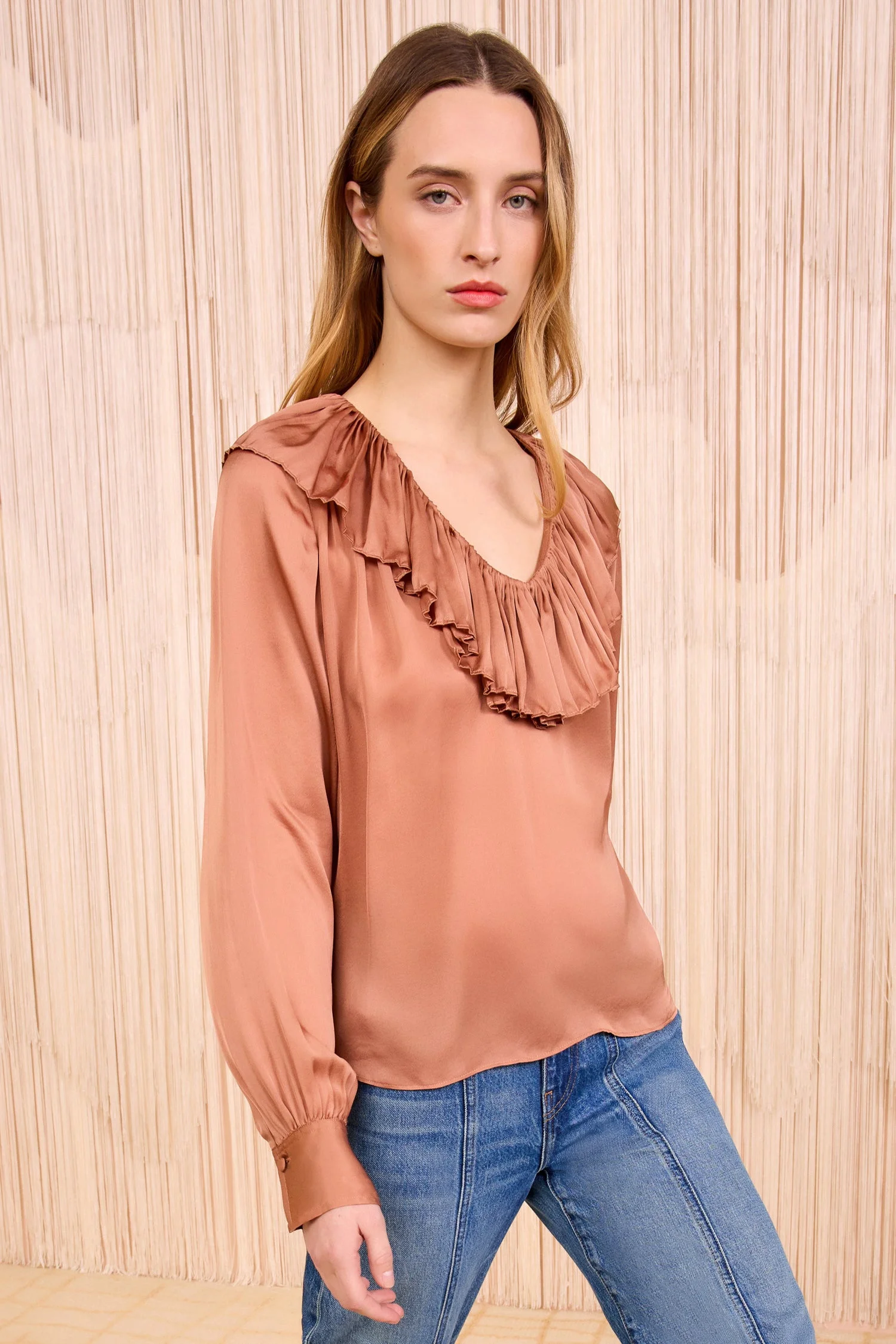 Liese Silk Ruffle Neckline Long Sleeve Blouse - 1