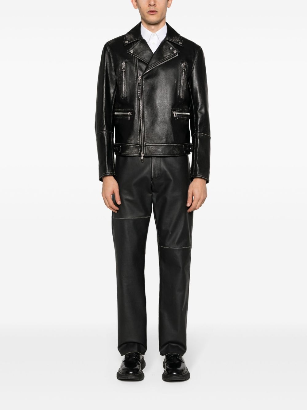 zipped leather biker jacket - 2