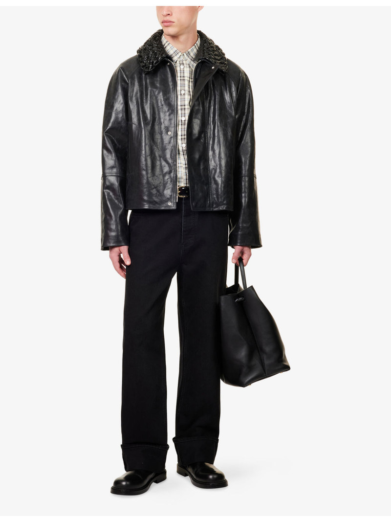 Bottega Veneta Intreccio-Collar Crackled Leather Jacket outlook