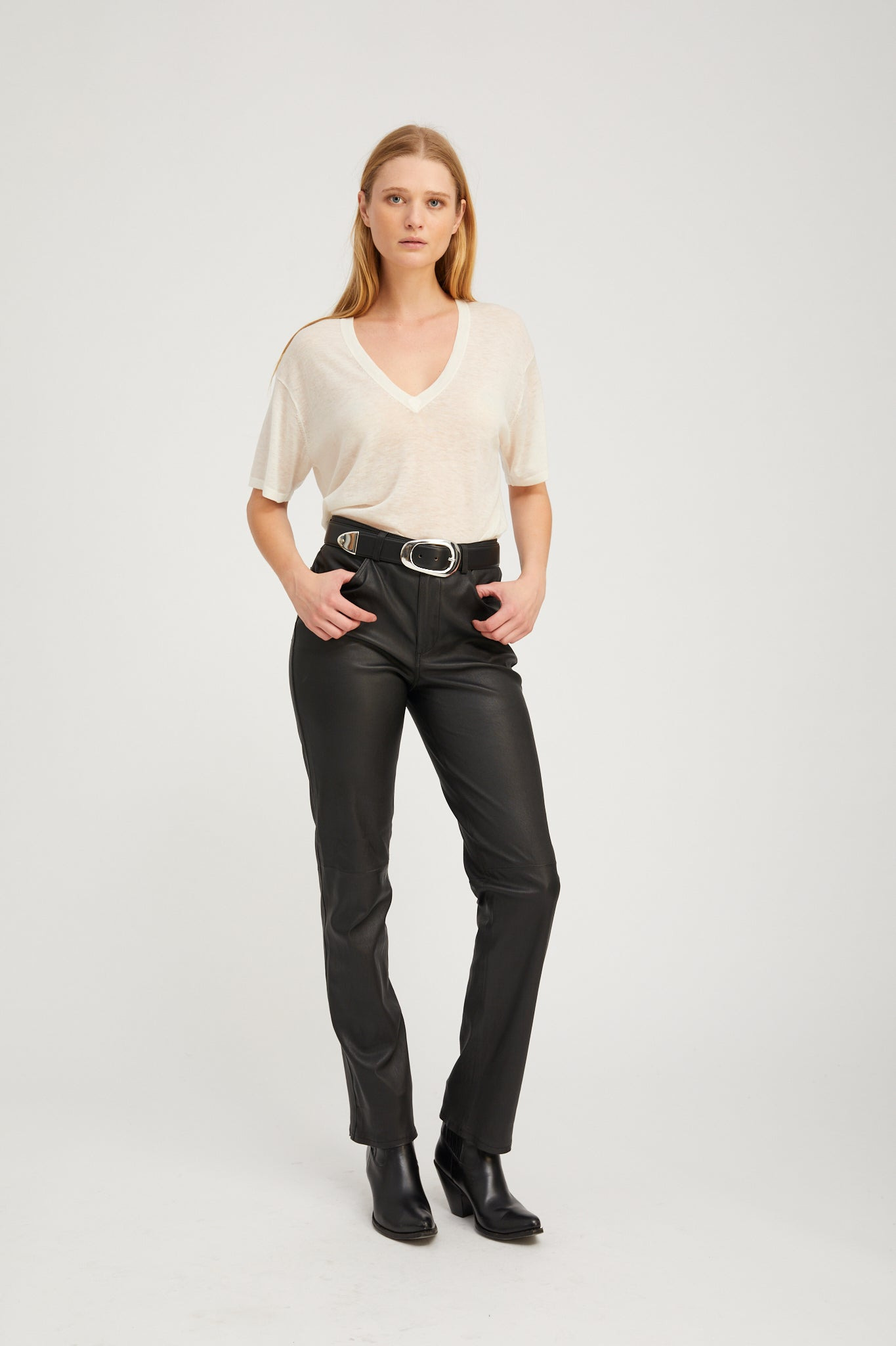 IVORY TISSUE CASHMERE V-NECK TEE - 2