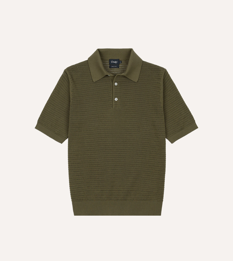 Olive Waffle Knit Cotton Short-Sleeve Polo Shirt - 1