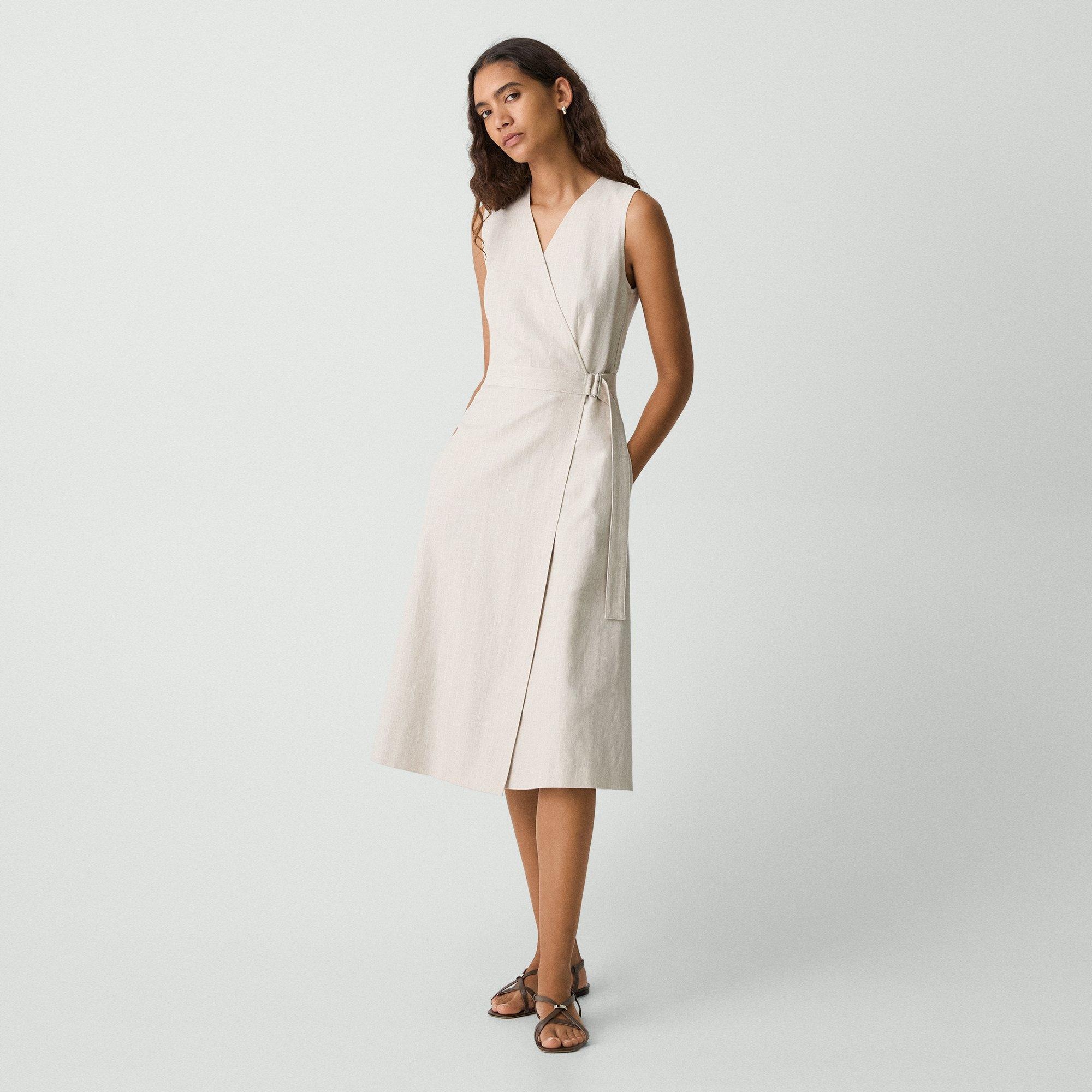 Sleeveless A-Line Wrap Dress in Striped Canvas - 3