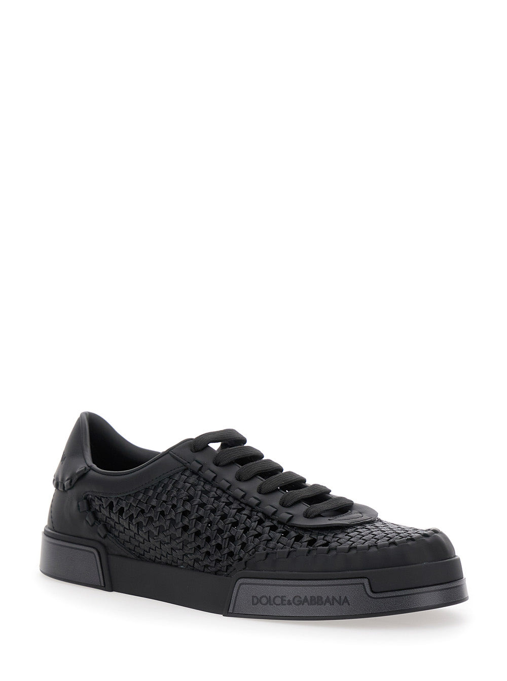 Dolce & Gabbana Men 'Portofino' Black Sneakers With Mesh Inserts And Embossed Logo On The Side In Le - 2