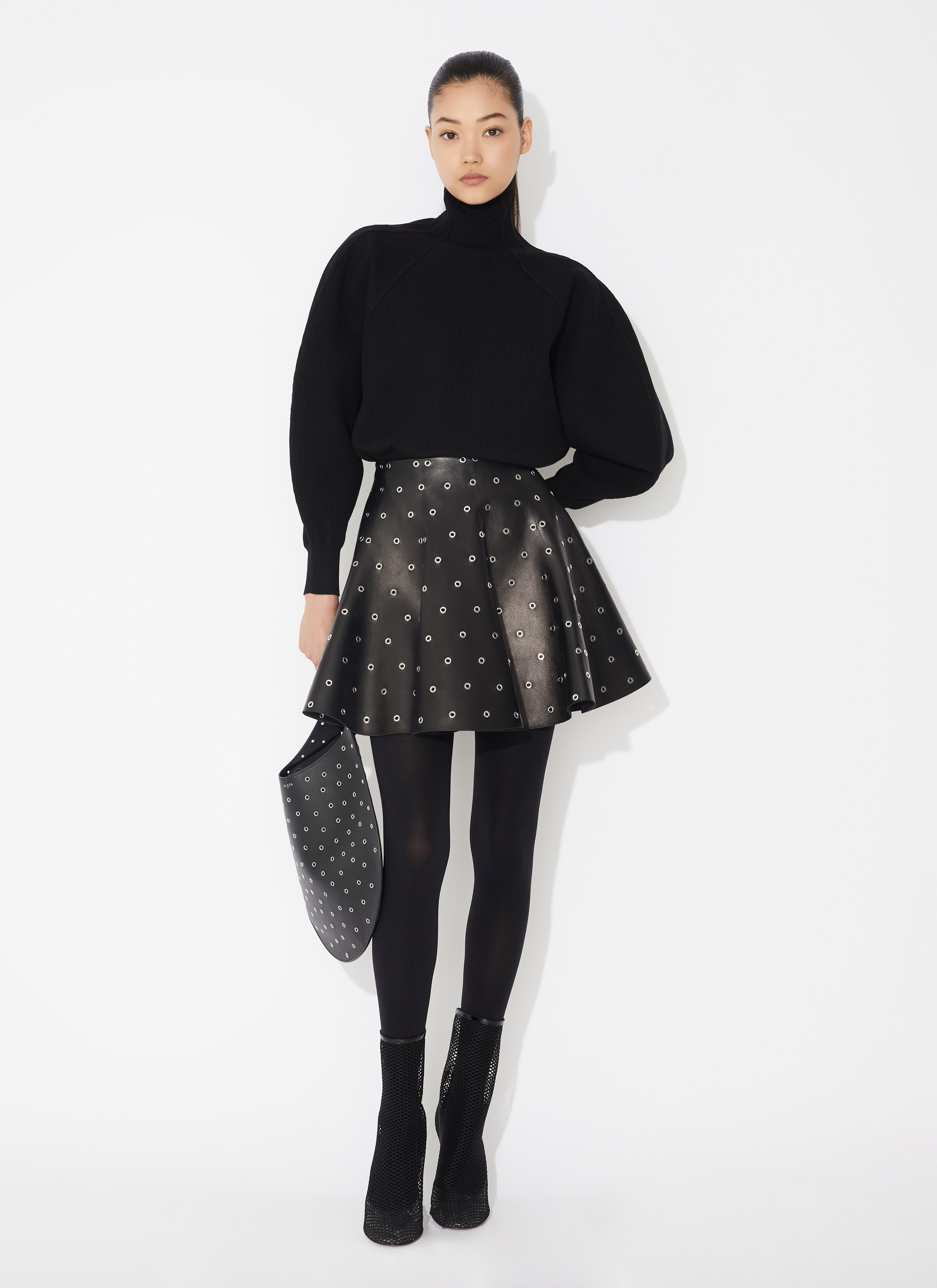 EYELET LEATHER SKATER SKIRT