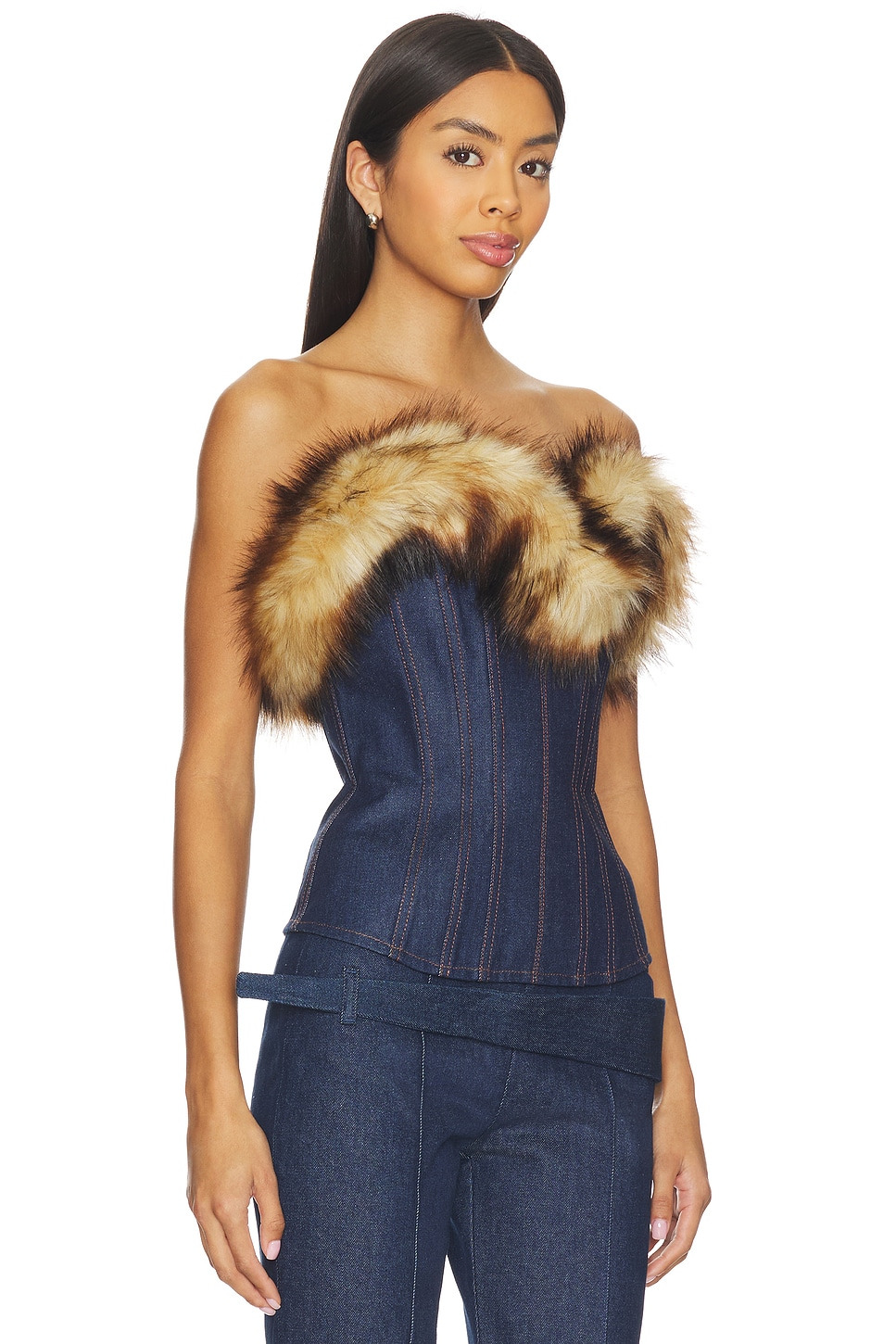 Detachable Faux Fur Trim Corset Top - 2