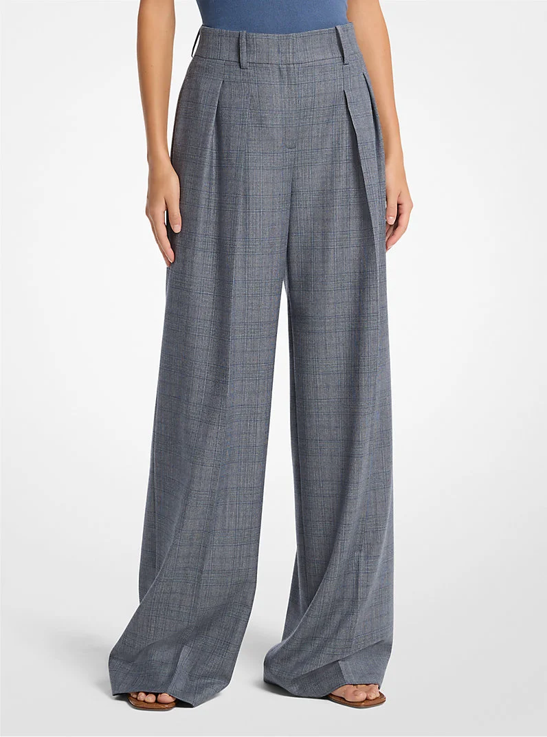 Glen Plaid Wool Pleated Slouch Trousers - 1