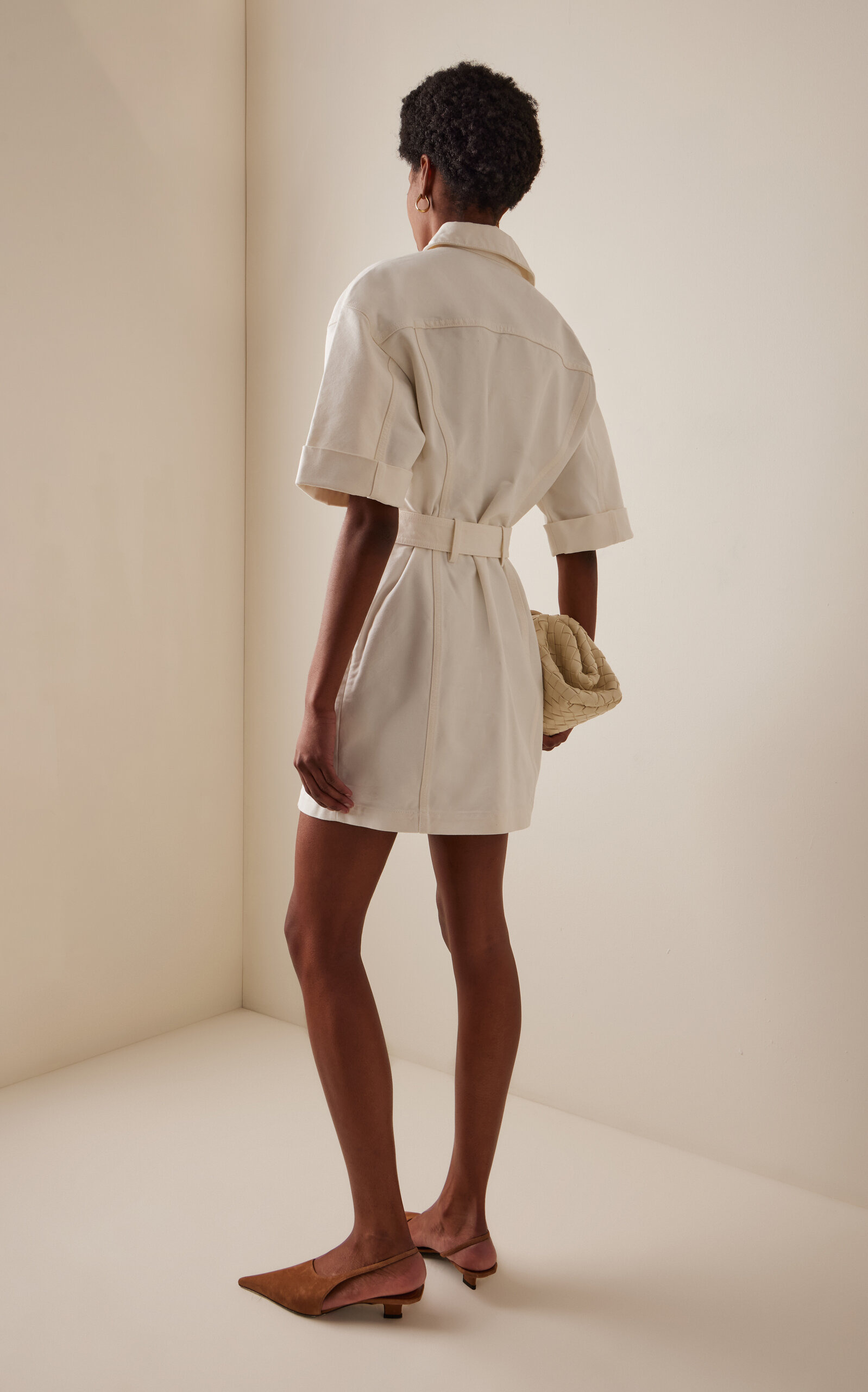 Belted Lace-Up Cotton-Canvas Mini Dress white - 4