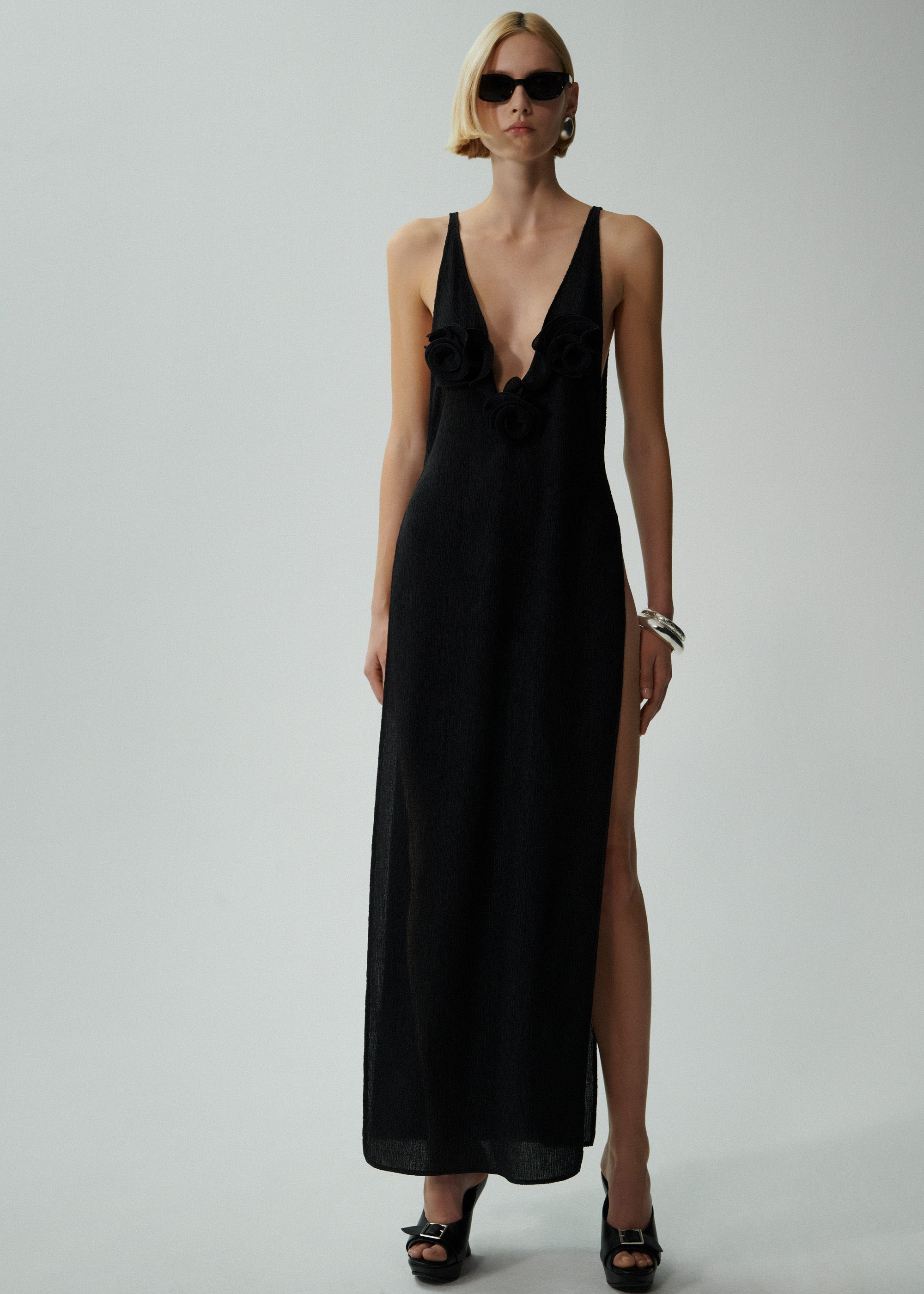 Crepe high leg maxi dress in black - 3