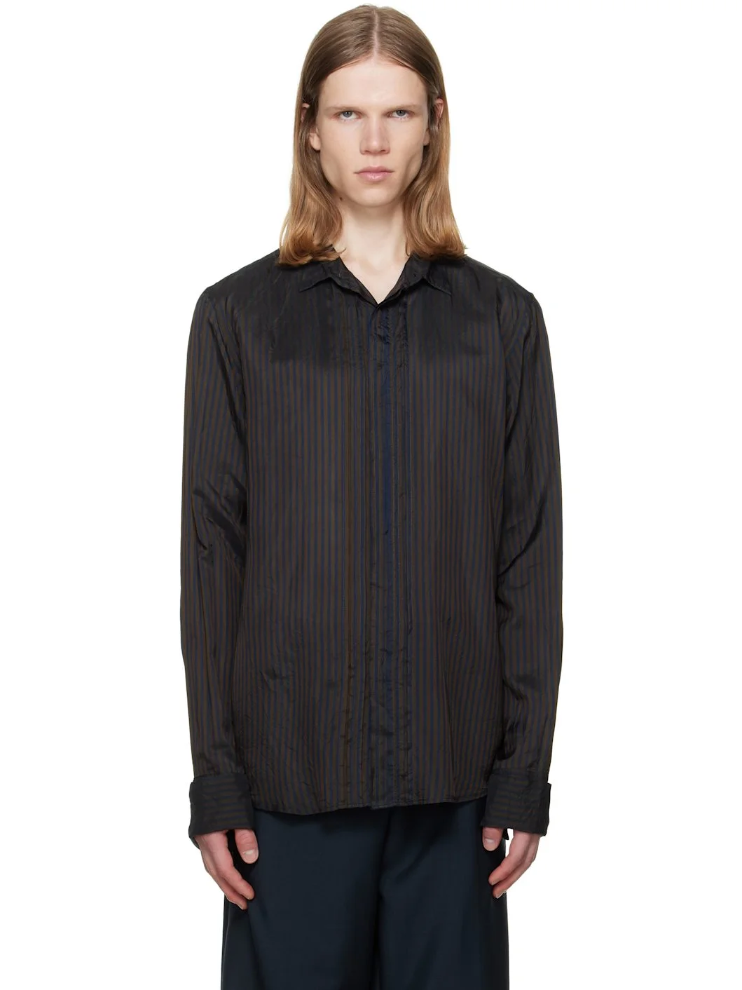 Brown & Navy Striped Pintuck Shirt - 1