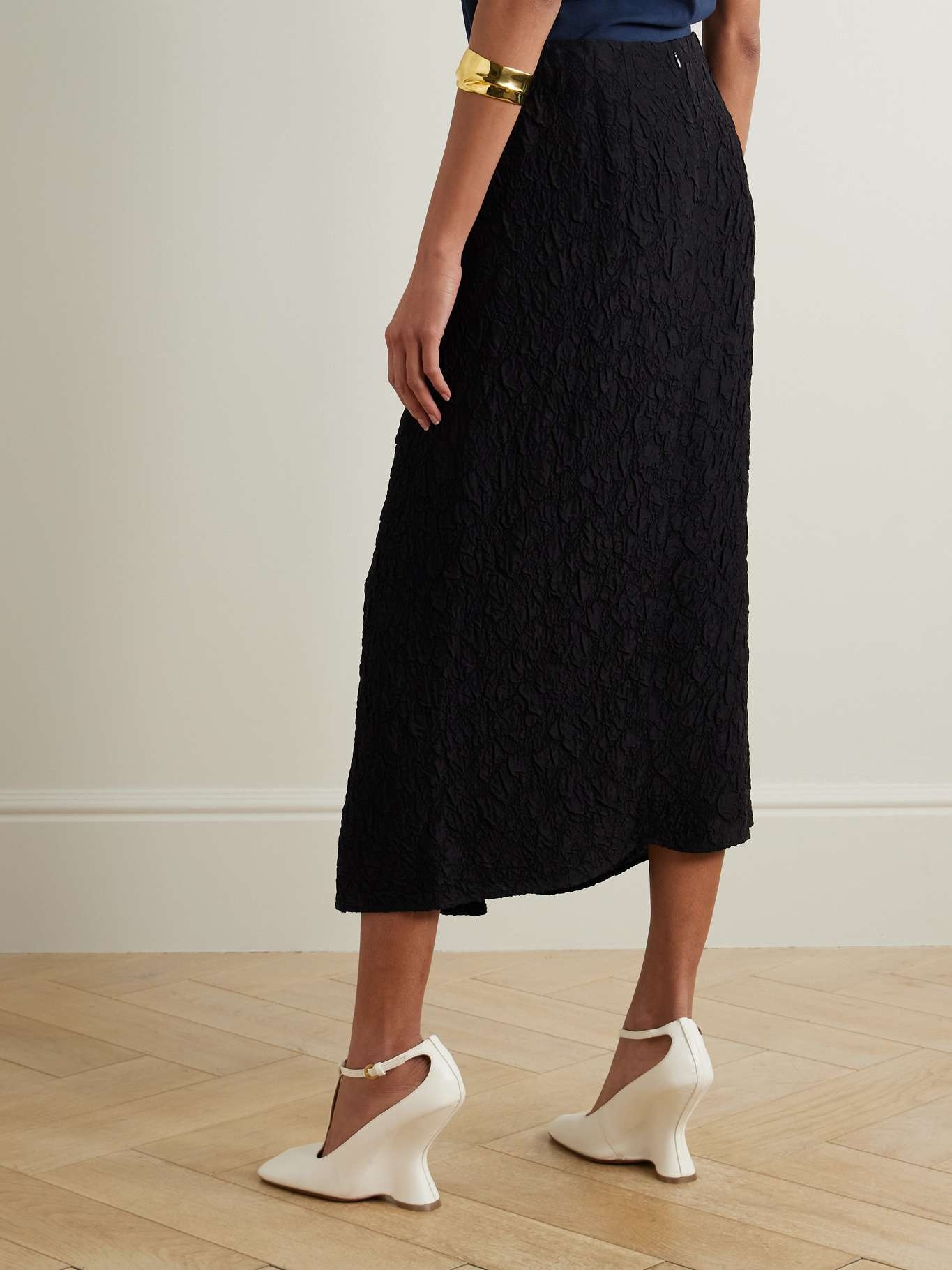 Draped wrap-effect cloqué midi skirt Black - 3