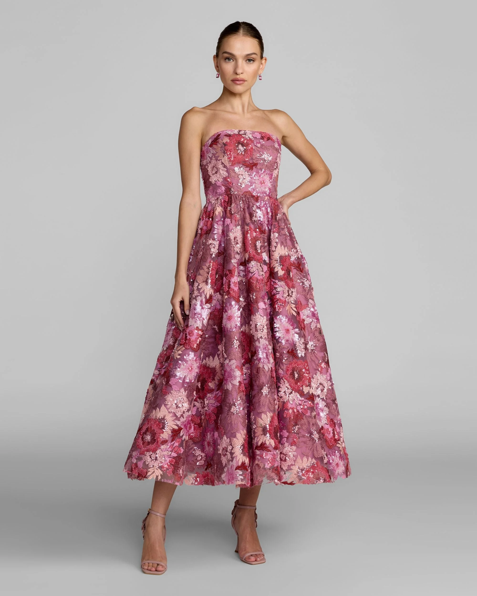 Pink Multi Floral Sequin Strapless Midi Dress - 1