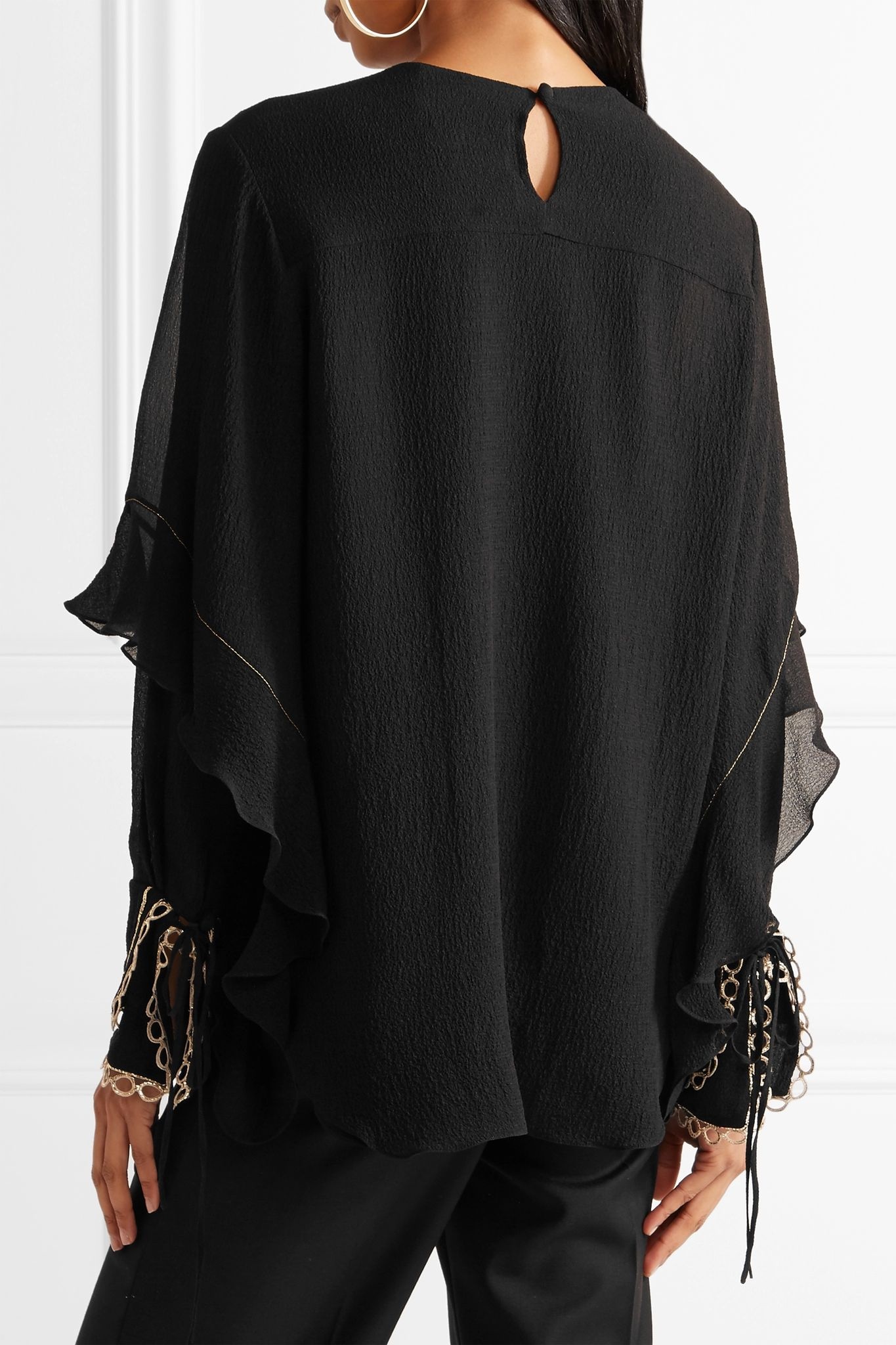 Ruffled metallic-trimmed silk-seersucker blouse  - 4