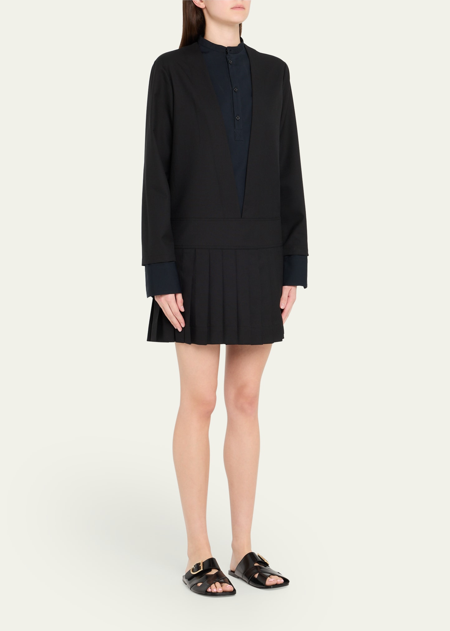 Layered Long-Sleeve Pleated Mini Shirtdress - 4