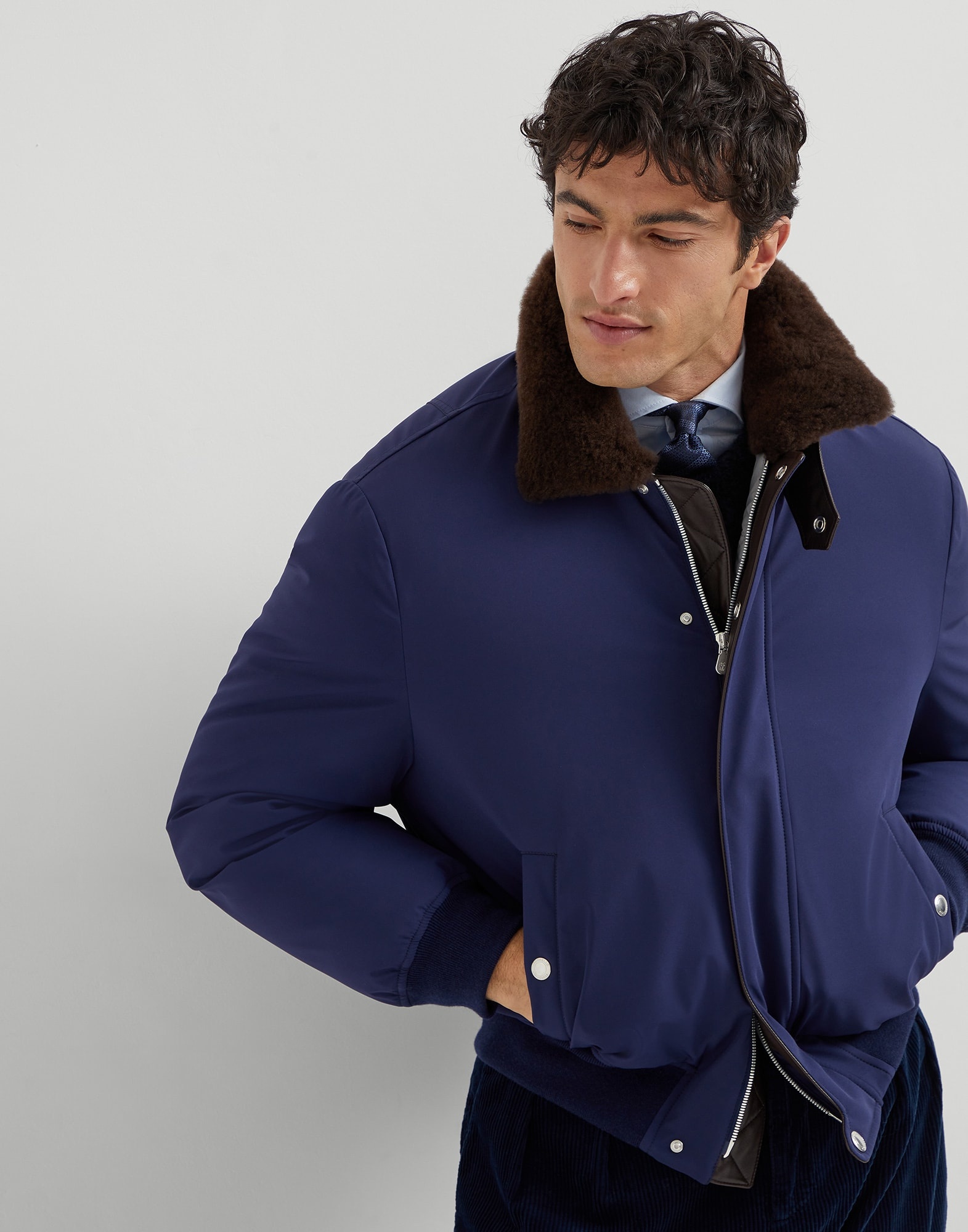 Stretch bonded nylon down jacket with shearling-lined collar - 4