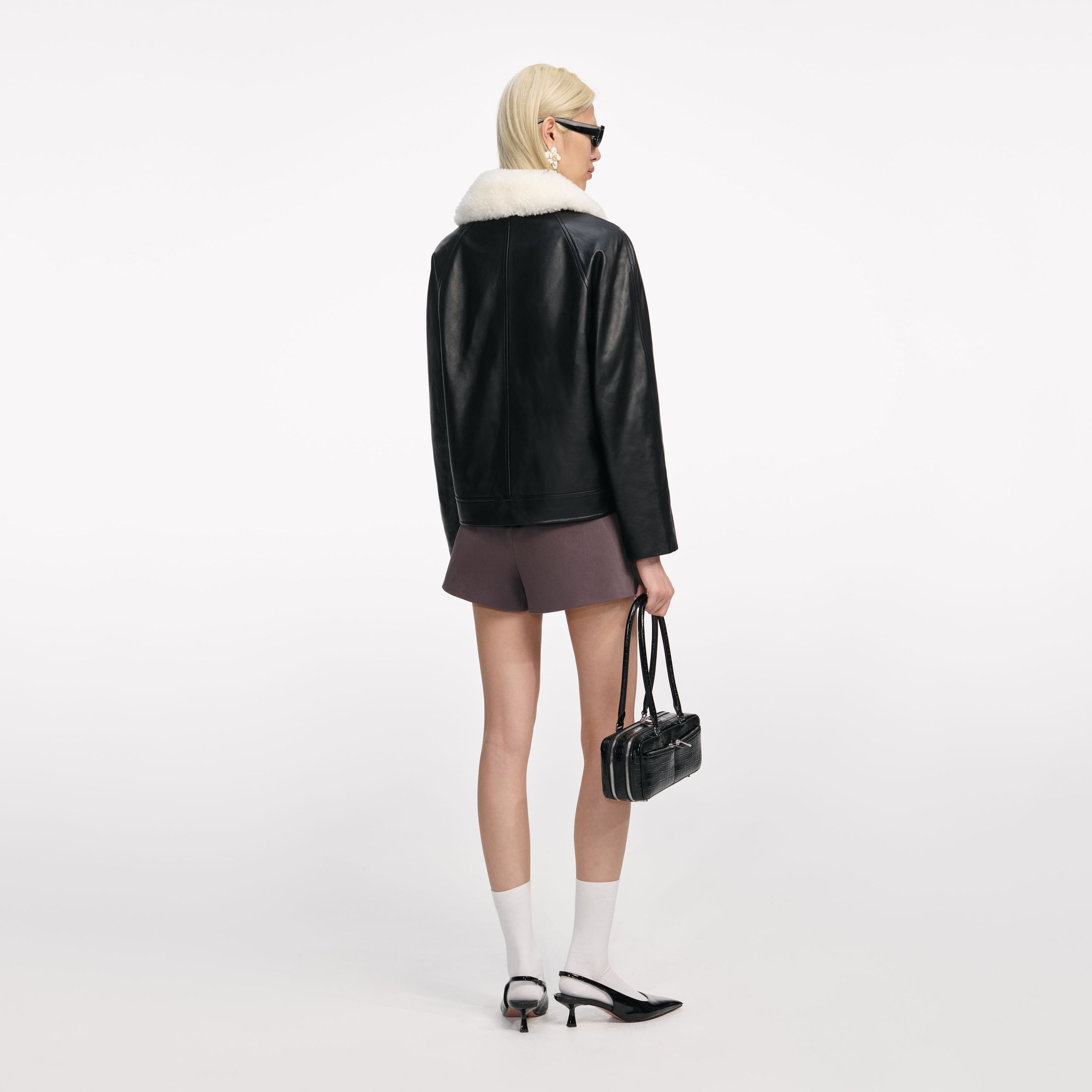 Black Leather Fur Collar Jacket - 3