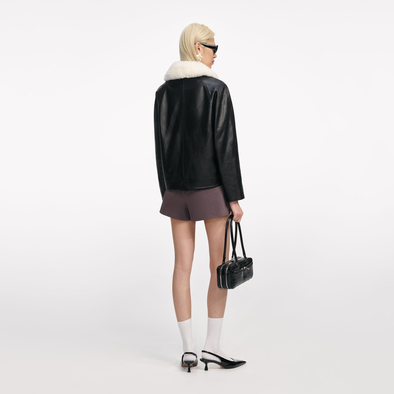self-portrait Black Leather Fur Collar Jacket outlook