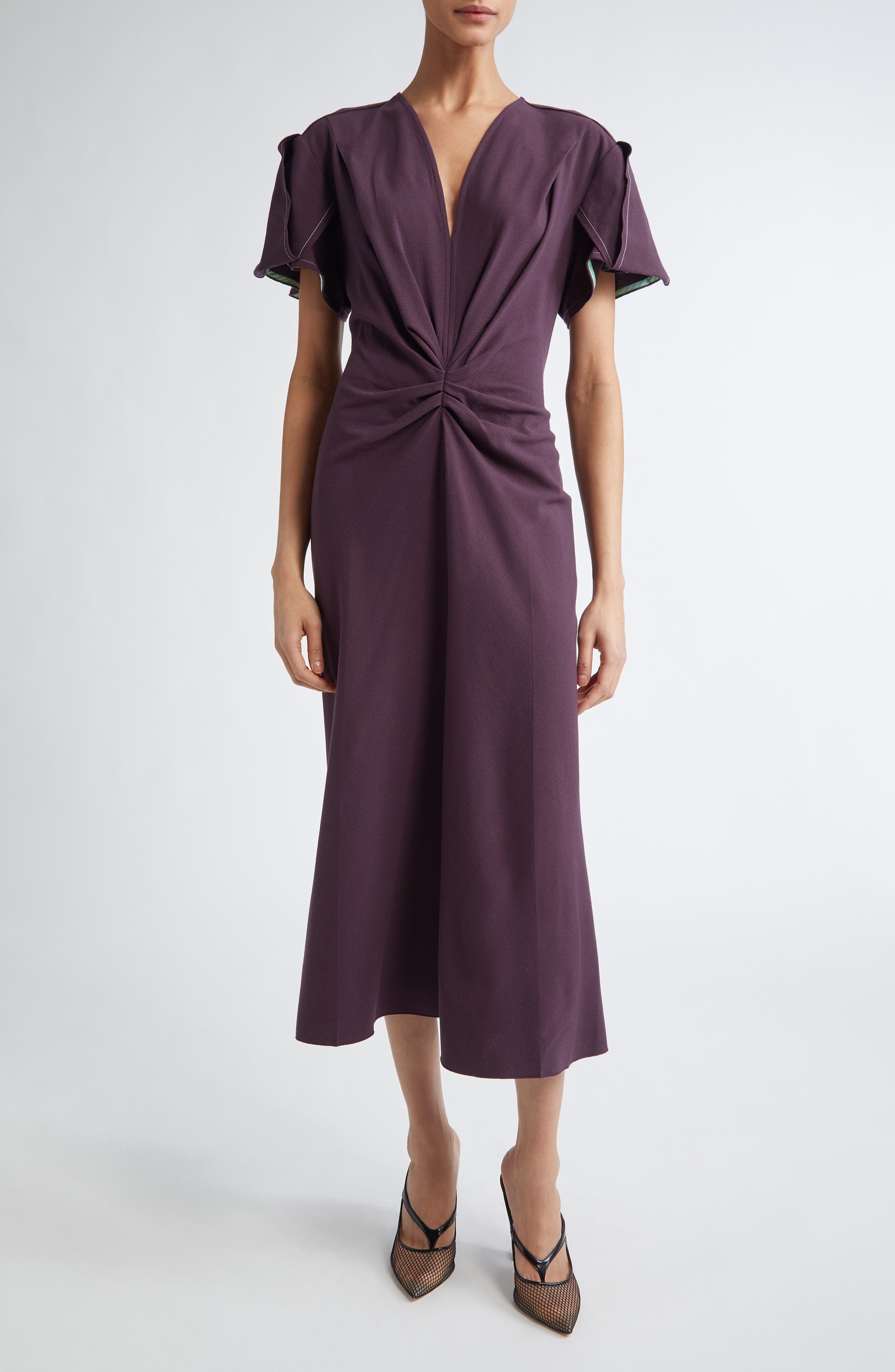 Victoria Beckham Gathered Wool Blend Crepe Midi Dress in Fig at Nordstrom - 1