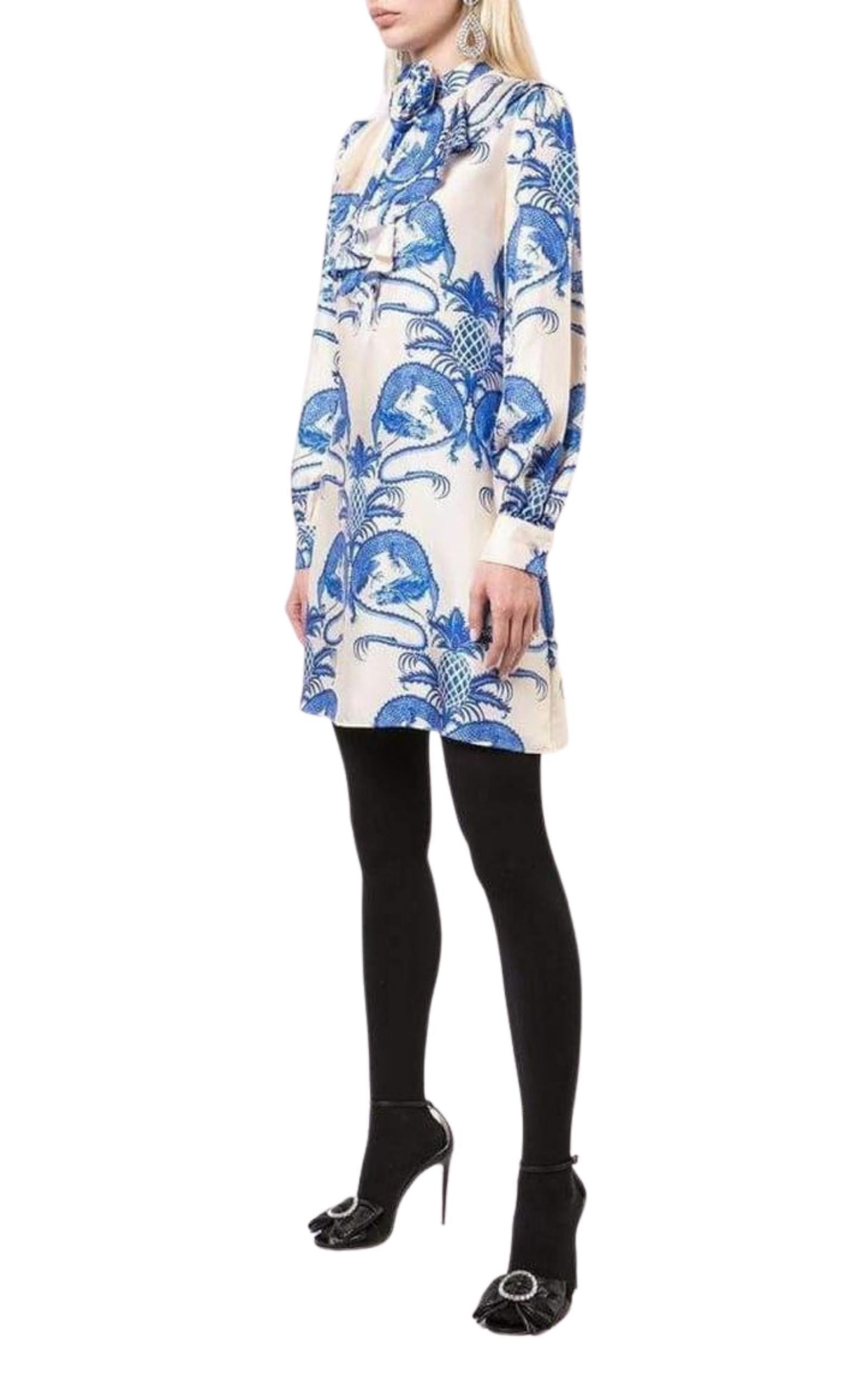 Silk Dragon Print Twill Ruffle Neck Dress - 3