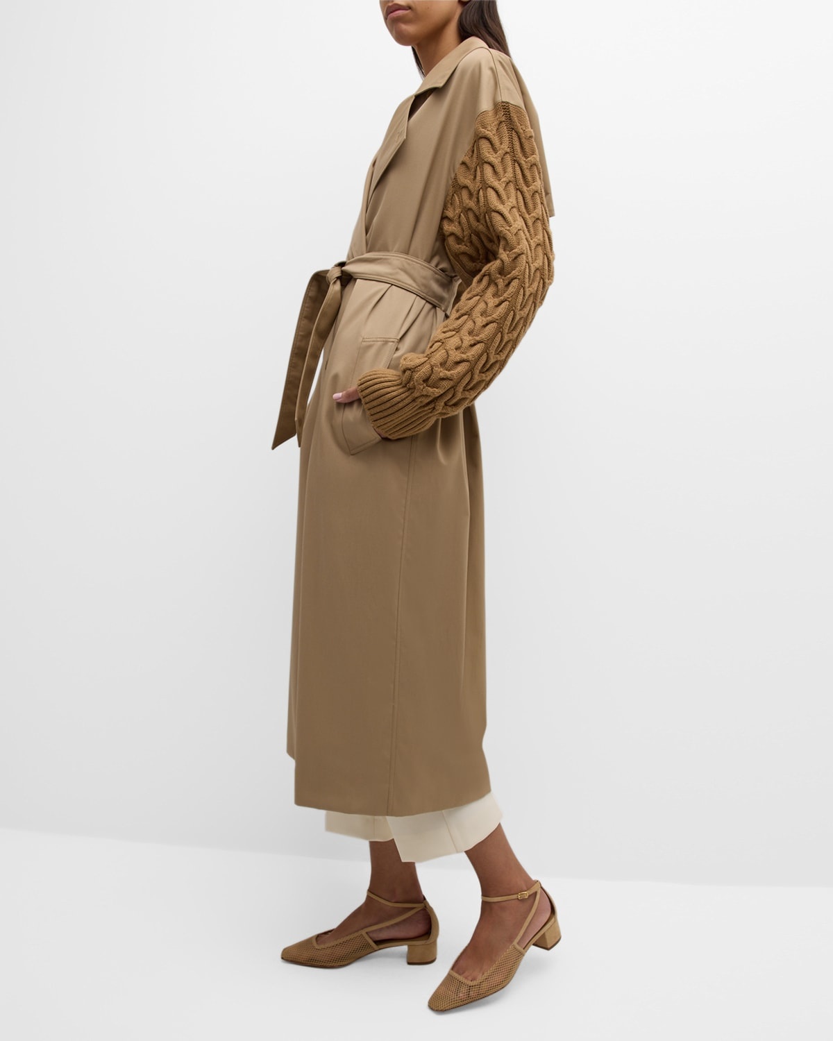 Cicladi Cable-Knit Sleeves Belted Long Trench Coat - 7