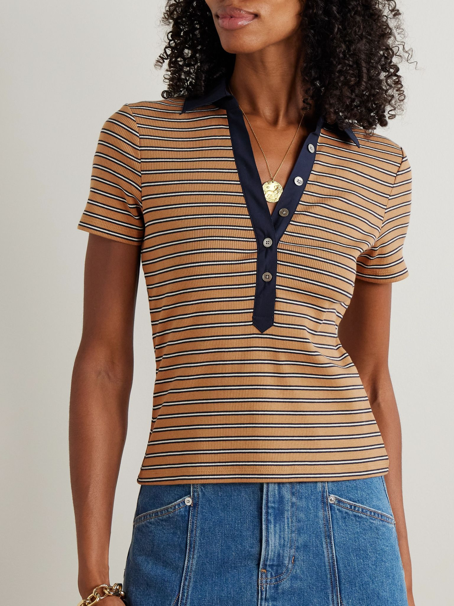 Kearney striped ribbed stretch-cotton polo shirt Brown - 3