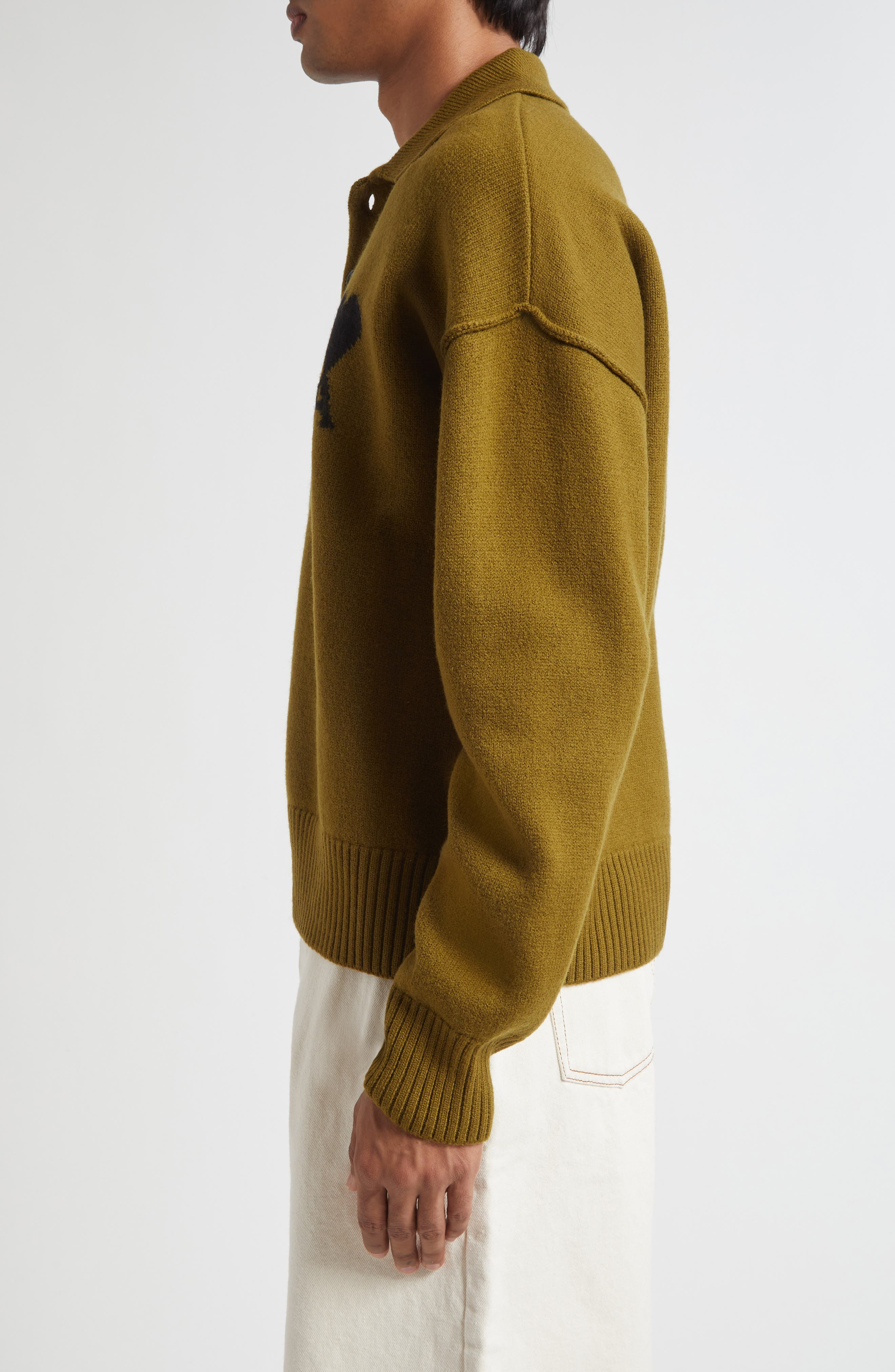 AMI PARIS Ami de Coeur Monogram Felted Wool Polo Sweater in Bronze/Noir at Nordstrom - 3