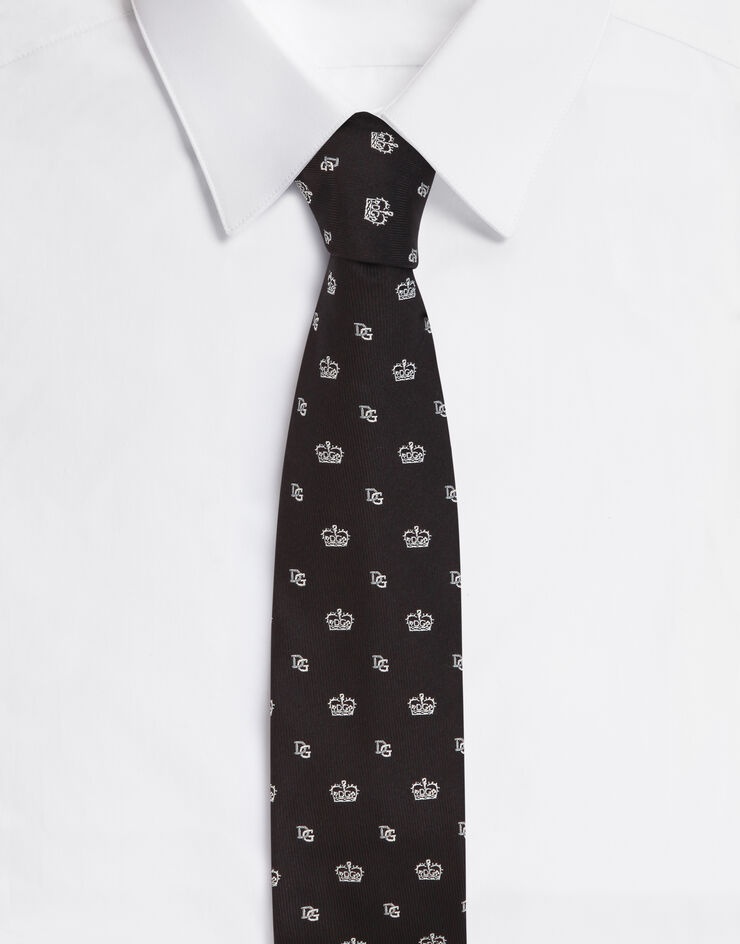 Silk jacquard blade tie with crown and logo (6 cm) - 1