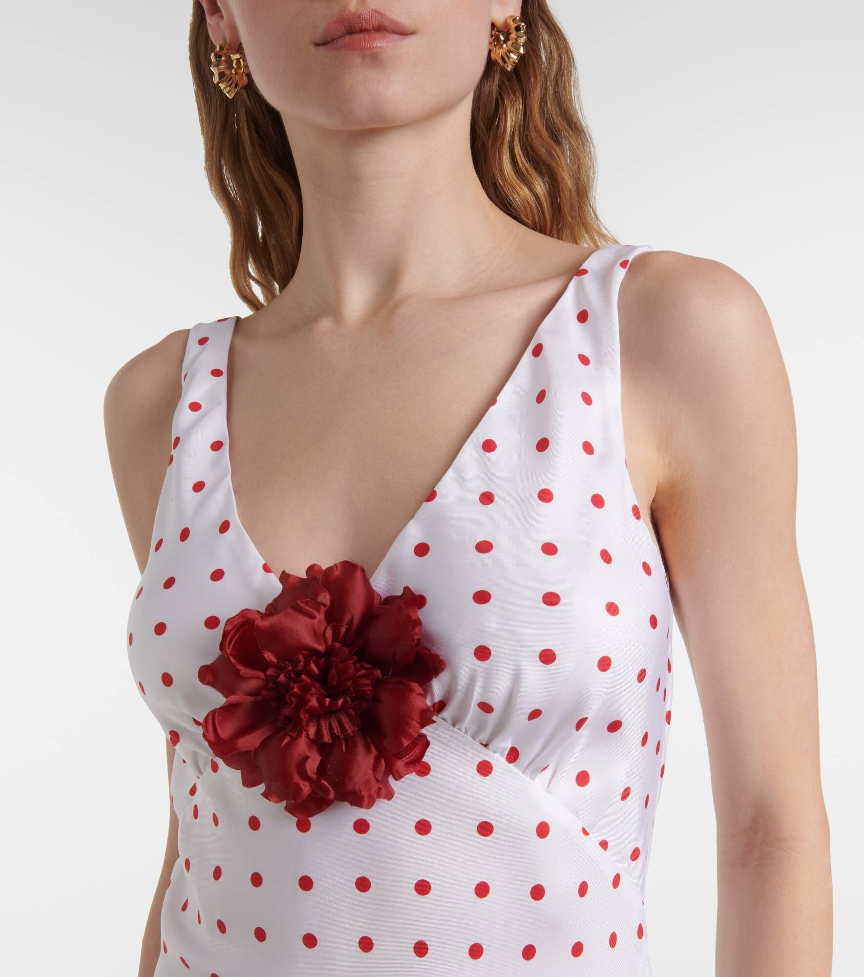 Polka-dot floral-appliqué silk twill gown - 4