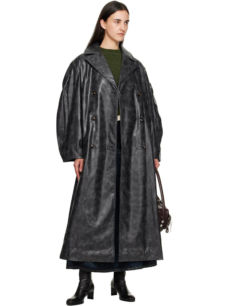 GANNI Black Distressed Leather Trench Coat outlook