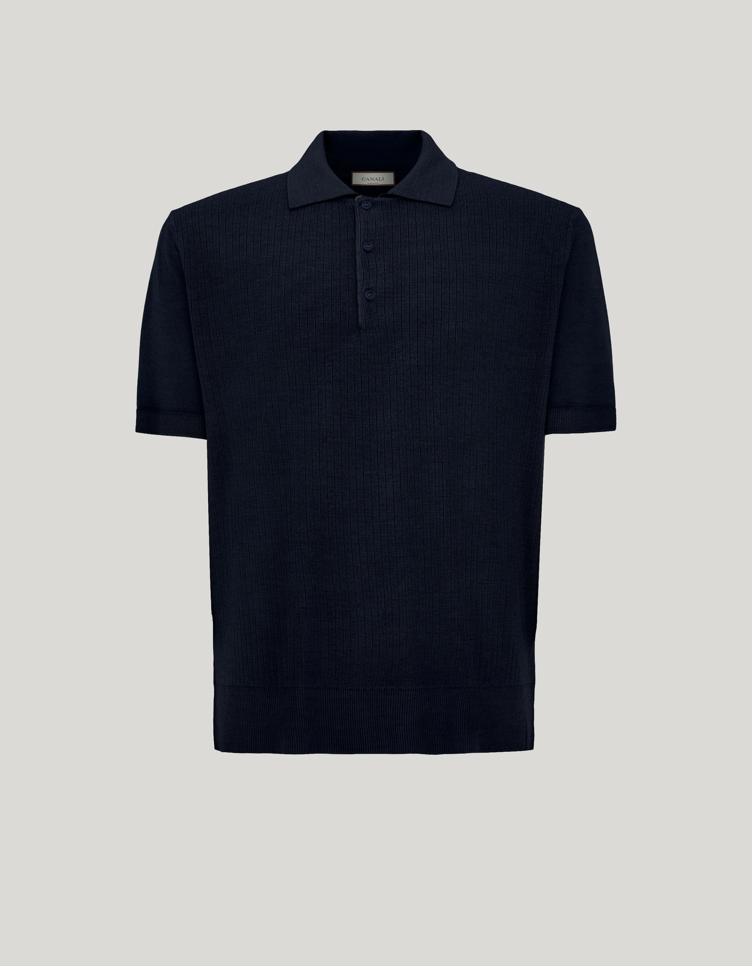 NAVY BLUE WOOL AND SILK FLAT-RIB POLO SHIRT - 1